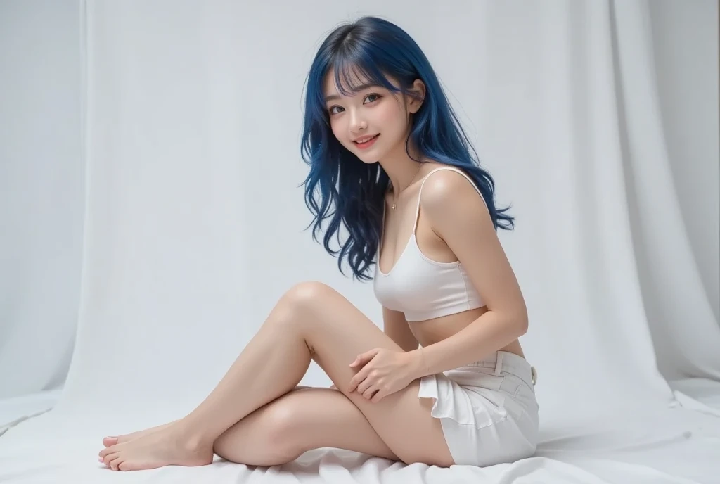 (hyperrealistic photo), (A high resolution), (8K),(beautiful eye quality), (ultra - detailed),Girl lying prone on beach bed,Full body photo from the side(1:1),light blue long hair(blue hairs),Vibrant smile((sexual excitement)),((((with her mouth open))),The corners of the mouth are raised,exposed teeth,sexual expressio,Thin chest and thin waist,Three-point mini swimsuit,beach scenery,(underwear is transparent),bodyhair, 1 girl, perfect body figure: 1.4, Slim abs: 1.1,, Super slim face, narrowed eyes, 二重まぶた,Look at the lenedium lens