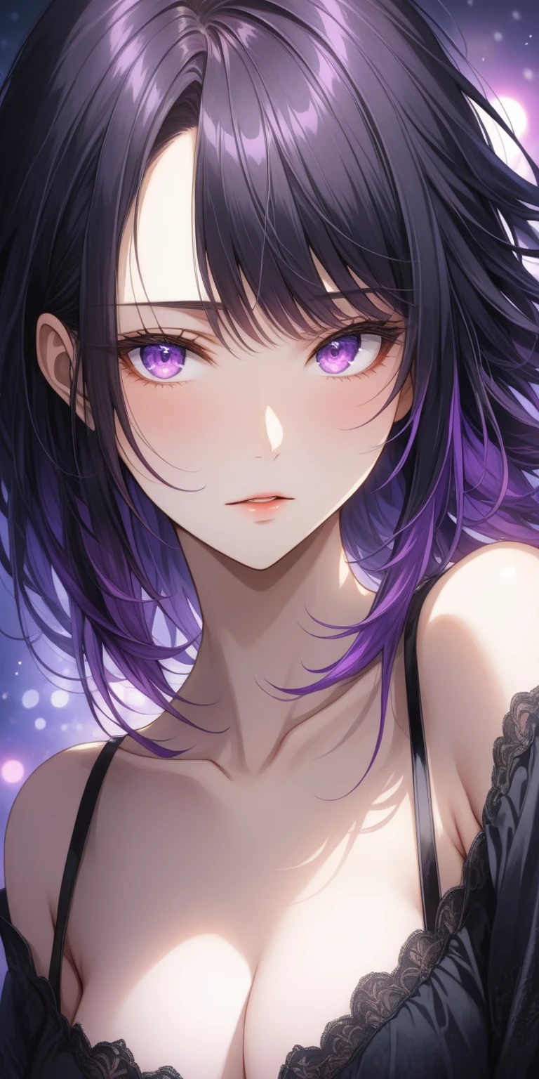 Black hair, purple eyes