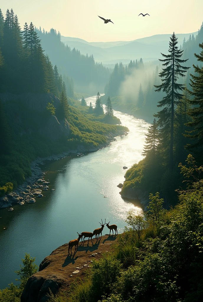 A breathtaking panoramic view of a wide, meandering river flowing through a pristine national park, surrounded by dense, lush forests. The river's surface shimmers under the golden sunlight, reflecting the vibrant greens of the towering trees and the deep blue of the sky. Mist rises gently from the water, adding an ethereal touch to the early morning scene. In the distance, rolling hills covered in untouched wilderness stretch toward the horizon. Birds soar gracefully above the river, while a family of deer cautiously drinks from the riverbank. The atmosphere is peaceful and immersive, capturing the raw beauty of nature in its purest form.
📷 Technical settings:
Camera: Wide-angle shot, slightly elevated angle
Lighting: Soft and natural, warm golden hues
Depth of field: Deep (sharp details in foreground, slightly softened background)
Color balance: Rich greens, deep blues, and warm golden sunlight
Resolution: 8K Ultra-HD
Style: Hyperrealistic landscape photography with a cinematic feel