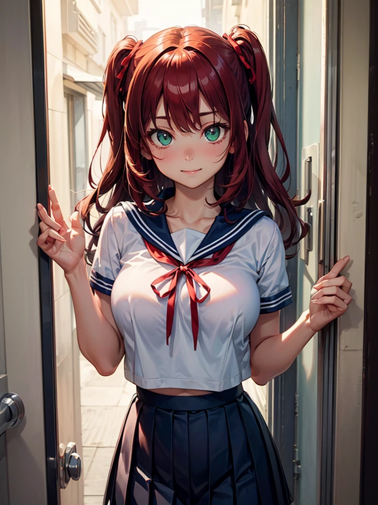 (masterpiece:1.2, top-quality), (realistic, photorealistic:1.4), beautiful illustration, 
looking at viewer, full body, front view:0.6, 
1 girl, japanese, high school girl, (long hair:1.5, ponytail:1.5, silver hair), bangs, hair between eye, blue eyes, large breasts:0.8, 
beautiful hair, beautiful face, beautiful detailed eyes, beautiful clavicle, beautiful body, beautiful breasts, beautiful thighs, beautiful legs, 
(beautiful scenery), , school,
((collared shirt, white shirt, pleated skirt, red bow tie, red hair ribbon)), white panties, 
(standing, spread legs, peace sign), 
smile:1.5, open mouth,