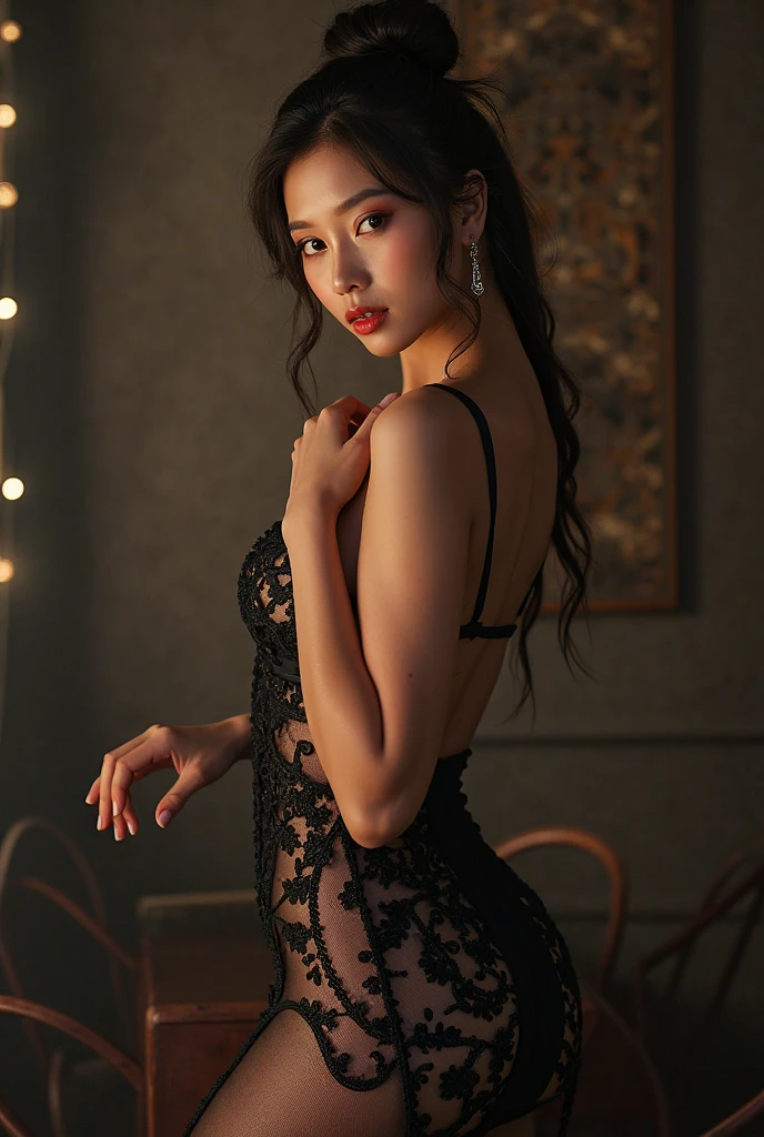 Full body photograph of a beautiful Japanese woman wearing sexy lingerie and black tights