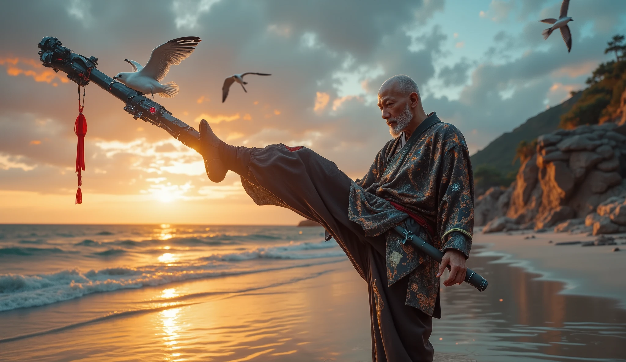 Image of an artificial beach inside a futuristic dome, an elderly bald Chinese man wearing a white goatee wearing a futuristic kimono practices kicking a crane on a technological pole. Seagulls are drones shaped like birds. Very futuristic and real image, At night sunset.