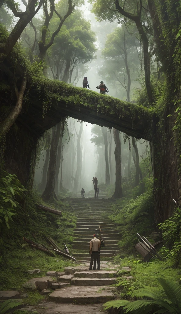 "A breathtaking scene of an overgrown, abandoned city in the Amazon. Stone temples, broken statues, and moss-covered staircases are barely visible through thick vegetation. A group of modern archaeologists, holding torches and tools, stand in awe as they uncover a lost civilization. The atmosphere is both eerie and awe-inspiring."