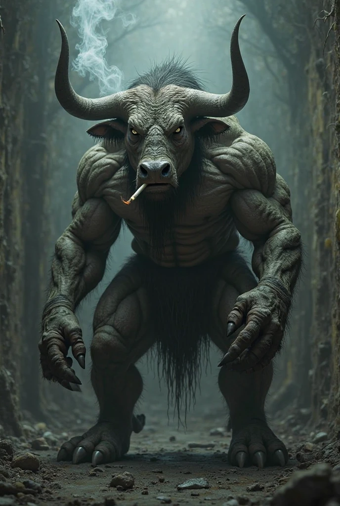 fking_scifi_v2, a wide shot of a werecreature, minotaur, bull, (black eyes), in a forest, scenic dystopian environment, highly detailed, sharp focus , light dust, 80mm, f/1.8