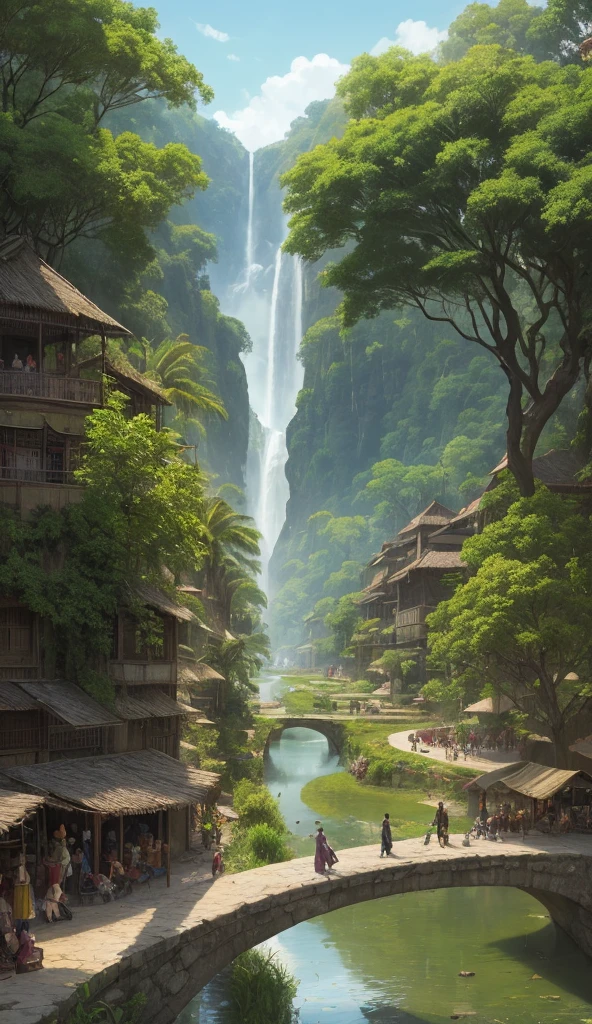 ""A fantasy-inspired depiction of an advanced ancient Amazonian city at its peak—massive stone pyramids, sophisticated irrigation canals, and thousands of people in traditional attire bustling in a marketplace. The city is surrounded by the lush green jungle, with birds soaring above. The scene feels alive, as if history is unfolding in front of us."