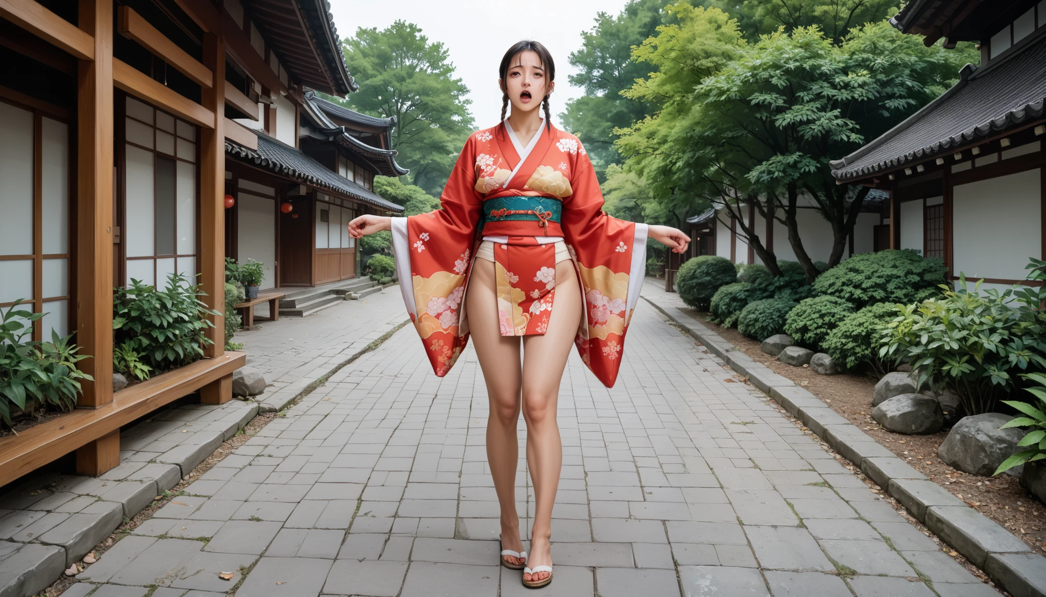 (Best Quality, Masterpiece:1.4), (Realism:1.2), (Realisitc:1.2), (Absurdres:1.2), (photorealistic:1.3), 1girl,Realistic Skin,Solo,( Very Big Eyes,beautiful detailed eyes, symmetric eyes), outdoors, full body,<lora:shiranui_mai:0.8> ,shiranui mai, japanese clothes, revealing clothes, high ponytail, pelvic curtain, ninja, thighs