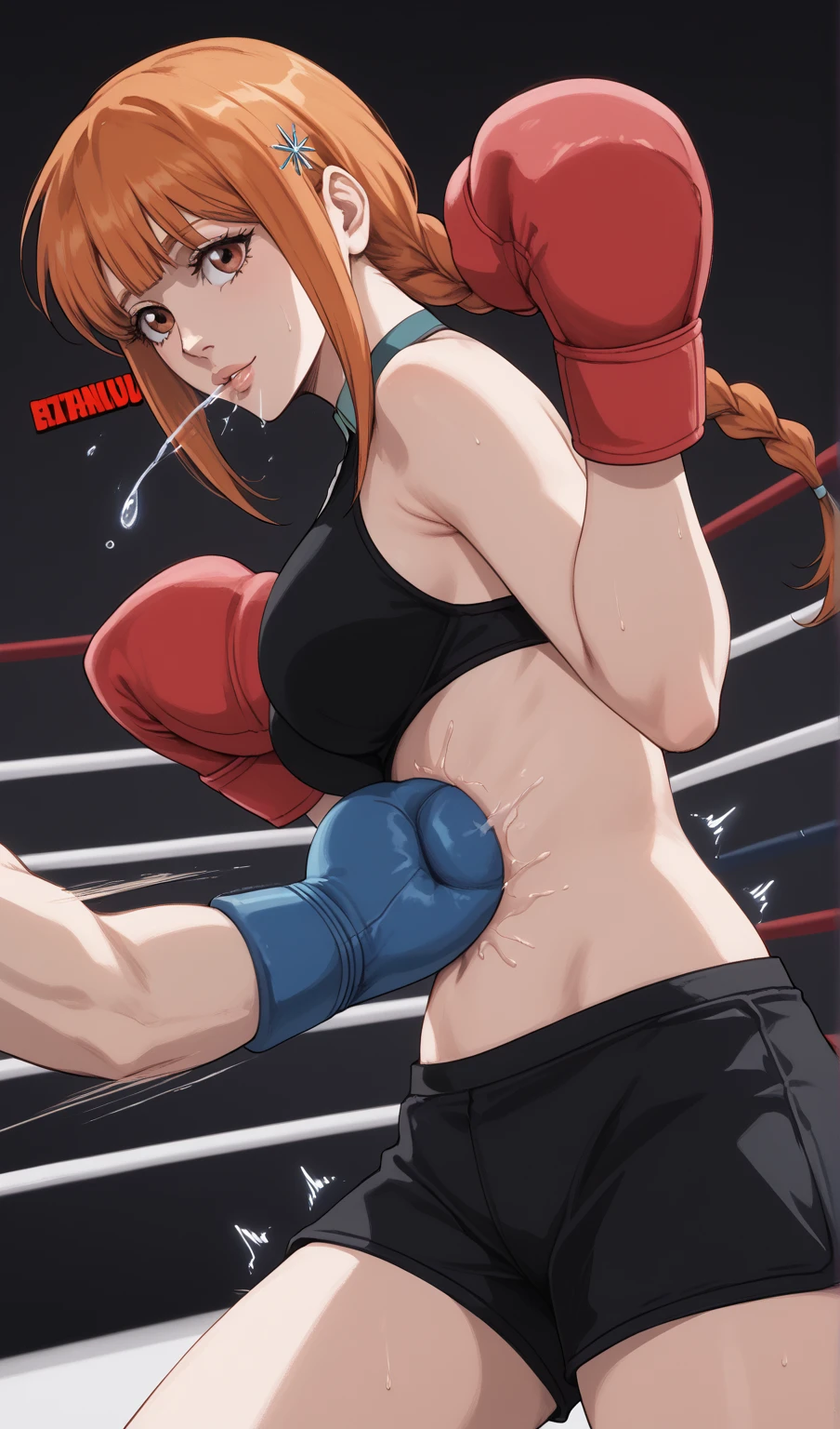 Ranma saotome, cabello rojo, pelirroja, rubor, concentration face, muslos, cintura estrecha, pechos grandes, cadera ancha, ricos pechos, escote prominente, pechos grandes, escote, cuerpo completo, pose vulgar, escote grande, pezones ricos, vulgar, pechos vulgares, escote muy grande, ropa deportiva, boxeando, peleadora sexy