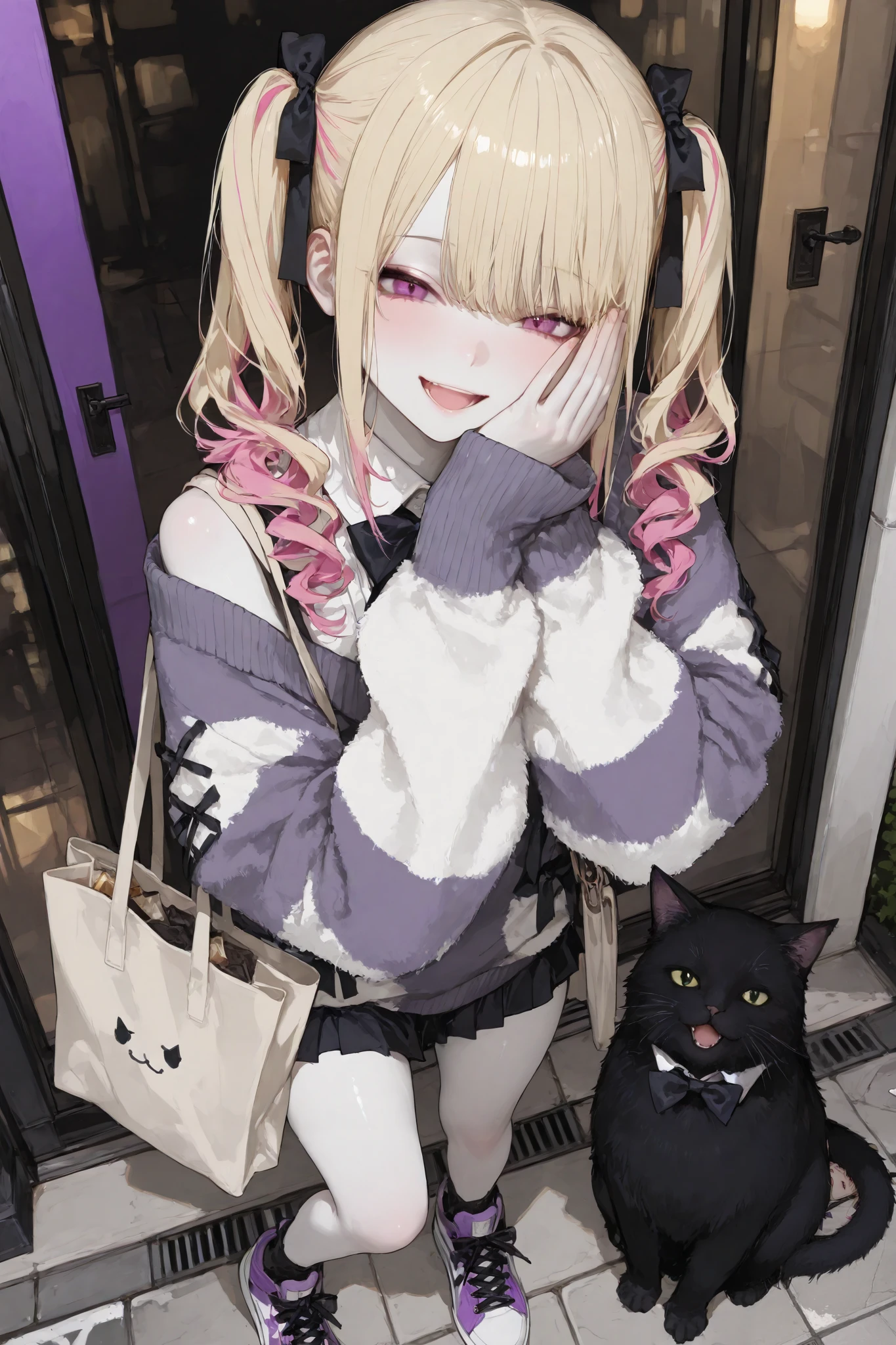 masterpiece, best quality, ultra-detailed,r17329_illu,usnr,luisap, General,xxx667_illu,dark gothic, visually striking Japanese gal,1girl\(happy smiling,open mouth,hairstyle\((Smooth multi-colored twin tails,blonde color and purple color with pink highlights,Right-swept bang),The ends of the hair have soft curls, and the texture is rendered with detailed, ultra-realistic precision\),covering face both hand,happy smile,Transparent white skin\), stylish and confident girl strikes a bold pose, outtfit\(oversized knit sweater with black and white horizontal stripes forms the centerpiece of this casual outfit. The sweater features distressed texture with slightly frayed edges and dropped shoulders, emphasizing its loose and cozy fit. It is paired with light gray sweatpants in relaxed fit, completing a comfortable and laid-back look\), The outfit is accessorized with large beige tote bag featuring, picture of a black-cat\((Human-like giant fat cat:1.2), crystal,realistic, fluffy and shiny fur, bow tie\),and casual sneakers add to the effortless vibe\),her posing on the sidewalk of a busy street in Japan,feel a bewitching and sexy atmosphere from her,photorealistic