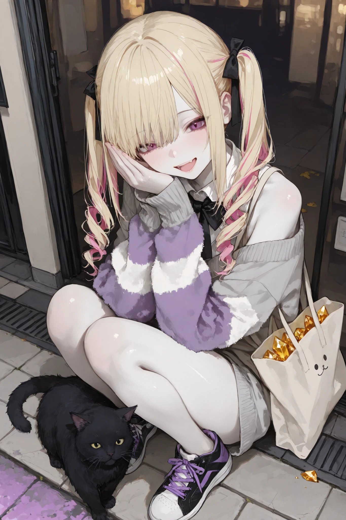 masterpiece, best quality, ultra-detailed,r17329_illu,usnr,luisap, General,xxx667_illu,dark gothic, visually striking Japanese gal,1girl\(happy smiling,open mouth,hairstyle\((Smooth multi-colored twin tails,blonde color and purple color with pink highlights,Right-swept bang),The ends of the hair have soft curls, and the texture is rendered with detailed, ultra-realistic precision\),covering face both hand,happy smile,Transparent white skin\), stylish and confident girl strikes a bold pose, outtfit\(oversized knit sweater with black and white horizontal stripes forms the centerpiece of this casual outfit. The sweater features distressed texture with slightly frayed edges and dropped shoulders, emphasizing its loose and cozy fit. It is paired with light gray sweatpants in relaxed fit, completing a comfortable and laid-back look\), The outfit is accessorized with large beige tote bag featuring, picture of a black-cat\((Human-like giant fat cat:1.2), crystal,realistic, fluffy and shiny fur, bow tie\),and casual sneakers add to the effortless vibe\),her posing on the sidewalk of a busy street in Japan,feel a bewitching and sexy atmosphere from her,photorealistic