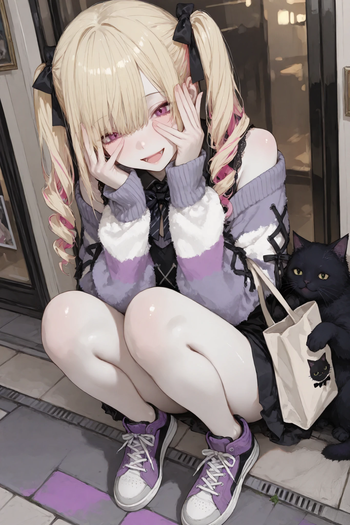 masterpiece, best quality, ultra-detailed,r17329_illu,usnr,luisap, General,xxx667_illu,dark gothic, visually striking Japanese gal,1girl\(happy smiling,open mouth,hairstyle\((Smooth multi-colored twin tails,blonde color and purple color with pink highlights,Right-swept bang),The ends of the hair have soft curls, and the texture is rendered with detailed, ultra-realistic precision\),covering face both hand,happy smile,Transparent white skin\), stylish and confident girl strikes a bold pose, outtfit\(oversized knit sweater with black and white horizontal stripes forms the centerpiece of this casual outfit. The sweater features distressed texture with slightly frayed edges and dropped shoulders, emphasizing its loose and cozy fit. It is paired with light gray sweatpants in relaxed fit, completing a comfortable and laid-back look\), The outfit is accessorized with large beige tote bag featuring, picture of a black-cat\((Human-like giant fat cat:1.2), crystal,realistic, fluffy and shiny fur, bow tie\),and casual sneakers add to the effortless vibe\),her posing on the sidewalk of a busy street in Japan,feel a bewitching and sexy atmosphere from her,photorealistic