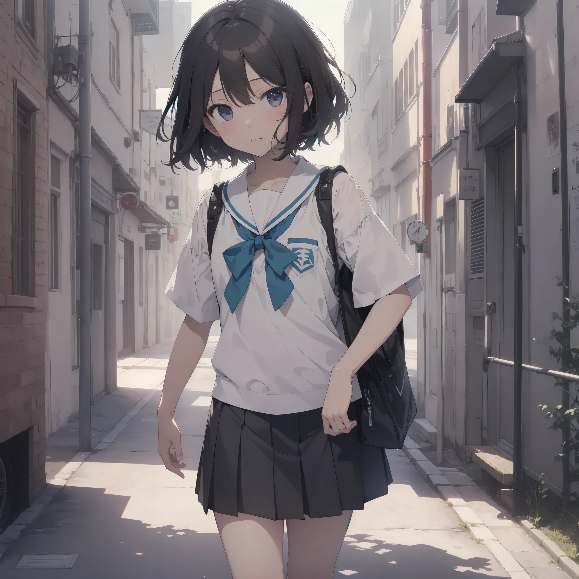 Super high quality by the art god, Ultra-detailed, High resolution, Shinkai Makoto style, anime moe art style, best anime 8K konachan wallpaper, Pixiv Contest Winner, Perfect Anatomy, BREAK,(Please draw a sleepy girl going to school alone.. ),BREAK, a hyperrealistic schoolgirl, (Solo,Lori,child,13years:1.3),Full limbs, complete fingers,a junior high school student, Androgynous attraction, (Very short hair), hair messy, flat chest, Small butt, groin, Small eyes,Beautiful detailed black eyes, Well-proportioned iris and pupils, disgusted eye, High resolution detailed hair, School uniform, Skirt,  On the way to school. BREAK,Ultra-detailed細なスキン, Best lighting by famous artists, 8K,Cute illustration,