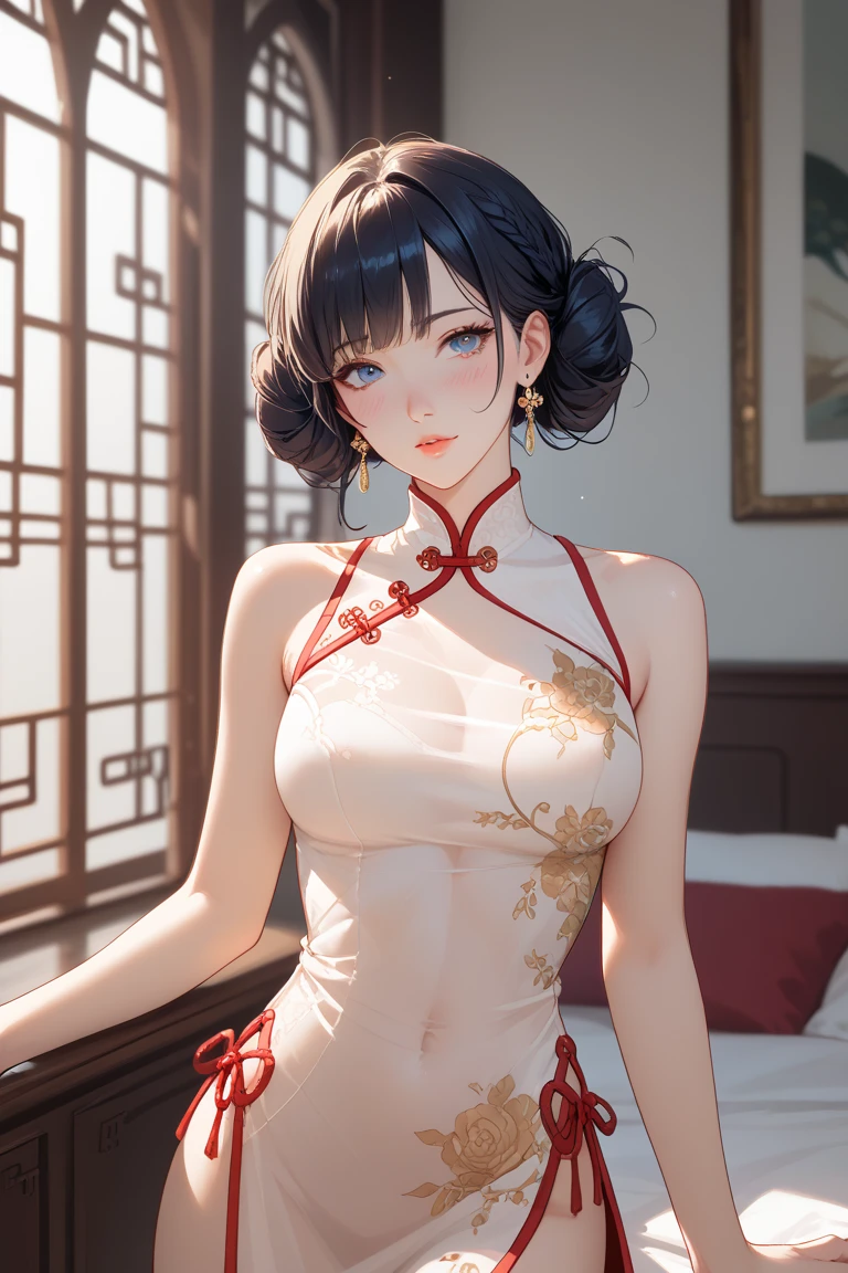 tsuruta ichiro, Narrow-eyed, 1girl in, Allback、deadpan、short-hair、shorth hair、brow、Reluctance、A dark-haired、Tucked Hair Solo, Cowgirl, Onepiece, ((mideum breasts)), Thin slit eyes、Black eyes, Light shines on the eyes、Black hair, gloves, Dress, Luxurious Jewelry, earrings, sharp eye、 elbow groves,Raise your hands and tie your hair back, random color, random color dress, Makeup for long eyes, Slender eyes、lip stick, Complex petal pattern, Rim Light, Back Light, pastel color,Studio Lighting