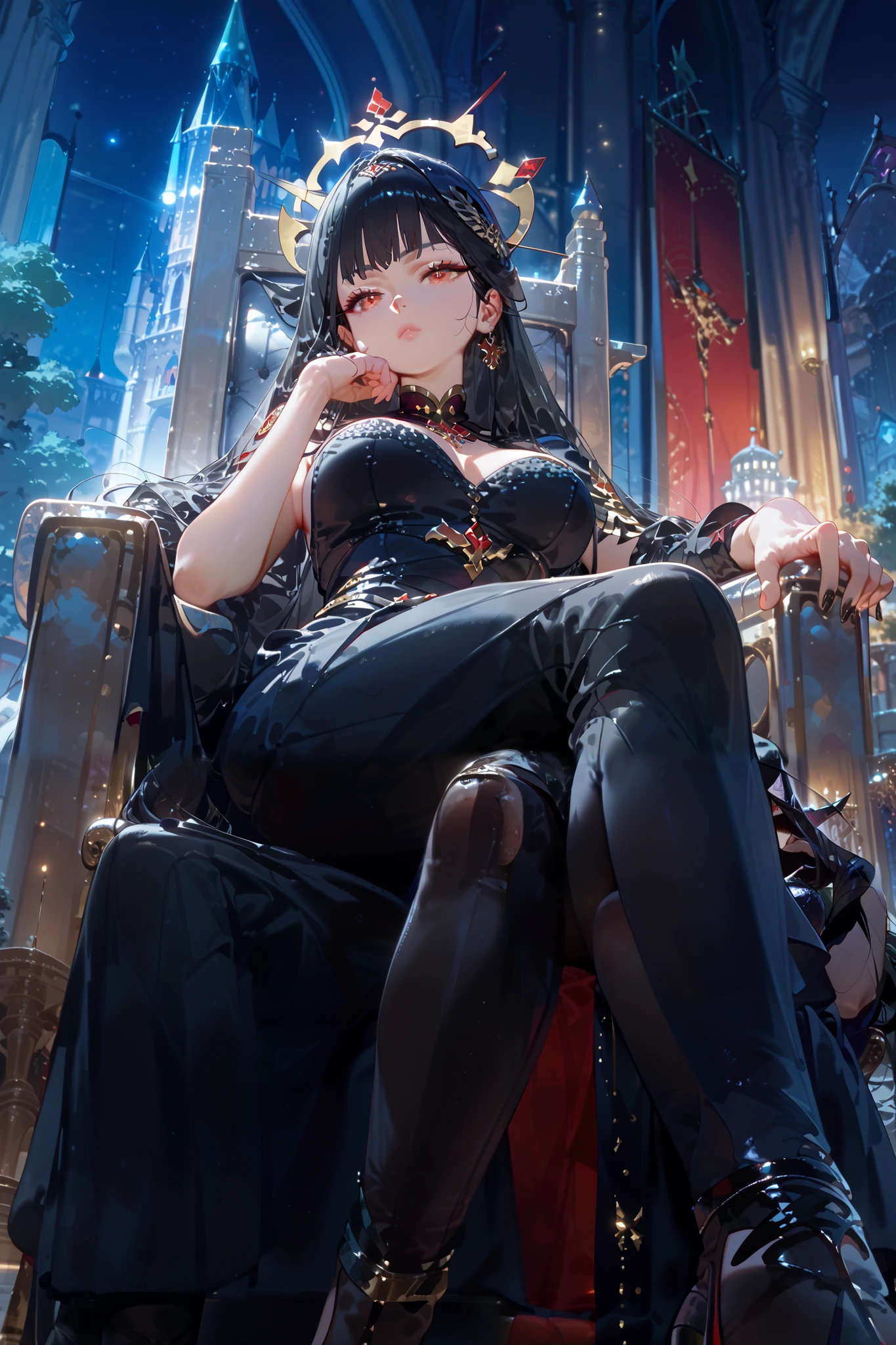 (best quality, highest, 16k, HD),full body, beautiful detailed eyes, sparkling eyes, masterpiece, 4k, high quality, highly detailed, detailed face, HDR, vivid colors, ((evil look)), queen, natural lighting, ((sit on a throne)), ((lace clothes)), amazing background, ((full body)), stocking, boots, heels, dark ruins, ((masterpiece)), ((best quality)), 1girl, long hair, big bust, ((black hair)), very long black hair, ((intimidant look)), ((short purple dress)), ((black necklaces)), sexy, ((modern style)), ((yellow eyes)), brillant eyes, ((intimidant look)), good anatomy, ((straight cut bangs)), long gloves, evil, emotionless, close up, ((detailed eyes)), beautiful eyes, hair bang, frontal look
