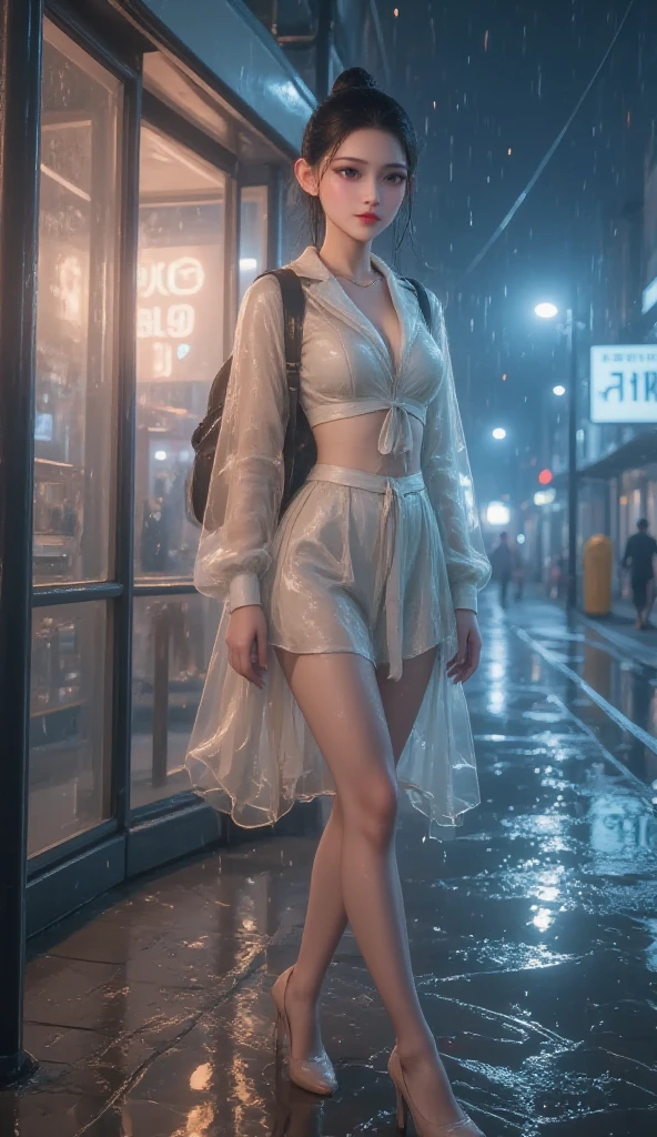 ((best qualtiy, 8k, tmasterpiece:1.3)), Focus:1.2, perfect figure beautiful woman:1.4, Cocked buttocks:1.2, ((Cut hair in layers, Beautiful breasts:1.2)), (wetclothes:1.1) , (Rain, Street:1.3), Highly detailed facial and skin texture, A detailed eye, 二重まぶた,Whiten skin,long whitr hair,ssmile,student clothes,stocklings,Barefoot,flat shoes