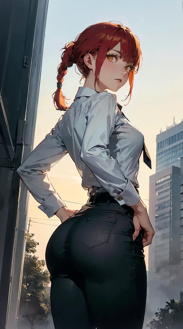 Draw Cassye Sandler, an anime-style female character with lung-length orange hair, thin orange eyebrows, and blue eyes.  small breasts, thin waist, big perky ass, thick thighs.  wearing a sexy casual outfit.  He's wearing a naughty police officer costume with his ass stuck out behind him.  doing very sexy and provocative positions and looking naughty.  bottom-up perspective.  Back view facing the viewer.  as sexy as possible without going over the limit of sensuality.