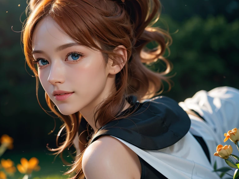 (high quality, masterpiece, detailed), 4K, 8k, (Composition of a girl climbing grassy hill viewed from the top), 独奏, young adult, cute girl, strong gaze, white flair cotton dress, sunset, beautiful green eyes, red hair, cropped hair, upper body, long eyelashes, blush,