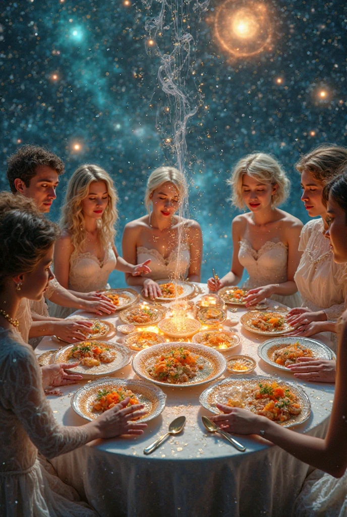 Craft an image that explores the intersection of divine and delectable, featuring celestial beings indulging in an otherworldly banquet. Illustrate ethereal food and drink in vibrant, random colors, surrounded by cosmic elements like swirling galaxies and nebulae. Convey a mood of heavenly delight and cosmic celebration.