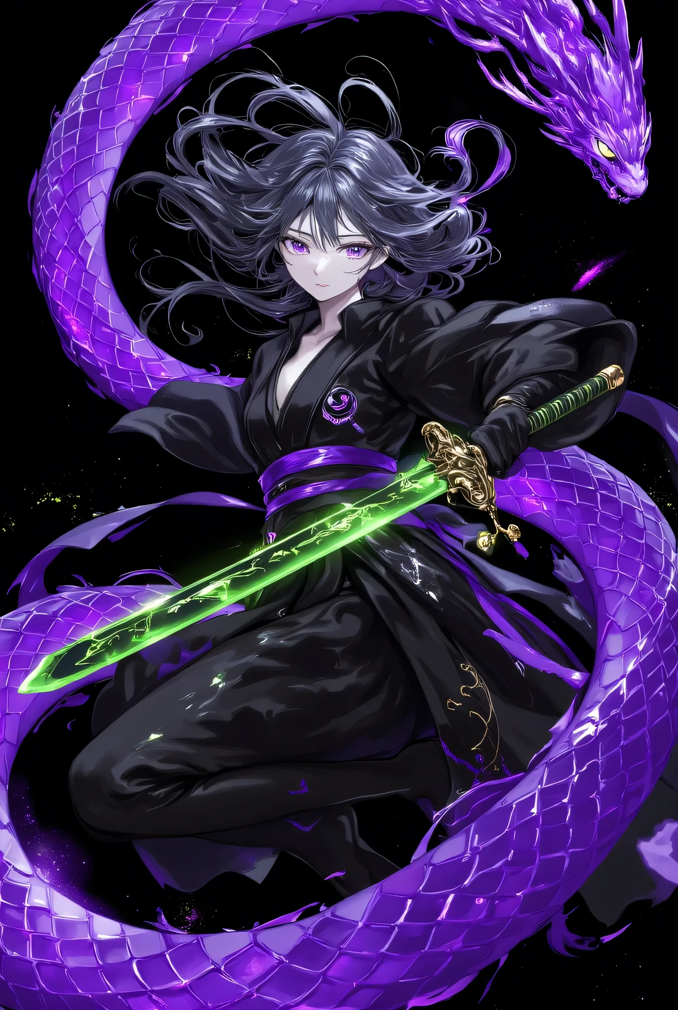 (EyesHD:1.2), masterpiece, best quality, ultra-detailed, very aesthetic, sharp focus, depth of field, vibrant colors, ray tracing, best lighting, detailed illustration, detailed background, cinematic, beautiful face,beautiful eyes,
1lady,(((dark gray hair,black eyes))),ninja,kunoichi,holding a dark green sword,beauty dark green sword,glowing dark green sword,jumping,action pose,dynamic pose,
black cool background,shadow,purple snake,snake wraps around with her body,from below,