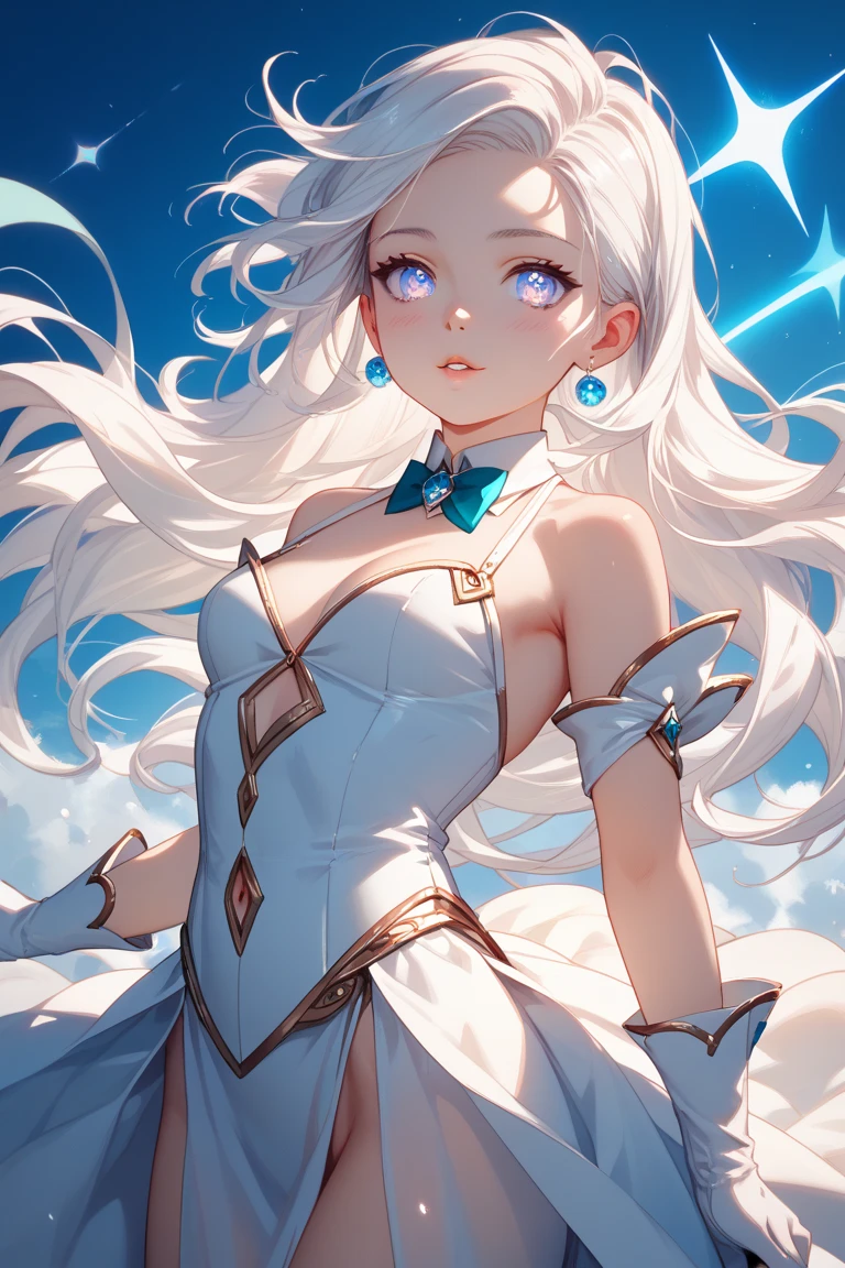 Realistic 3D anime style image,of a  (brown-skinned woman),white long hair, pointy ears, beautiful detailed face ,cimetric,Perfect beauty,white eyebrows, well detailed glowing blue eyes,girl smiling, perfect body ,voluptuous body with nice curves, very big breasts , narrow waist,Wide hips,thick thighs,dressed in a white long-sleeved blouse, (V-shaped neckline) ,cuello qipao,long white cape with hood tied by two round brooches joined by a chain ,light brown leather gloves with cuffs,white skirt with high sash,wide brown leather belt in which he carries a short sword, mid-thigh length brown leather flap ankle boots,(walking inside of cave with many colorfull cristal in the walls glowing in the dark),(all clothes decorated with intricate details), high quality,photorealist, colorfull illumination, Masterpiece,volumetric light,soft lighting,vivid colors,