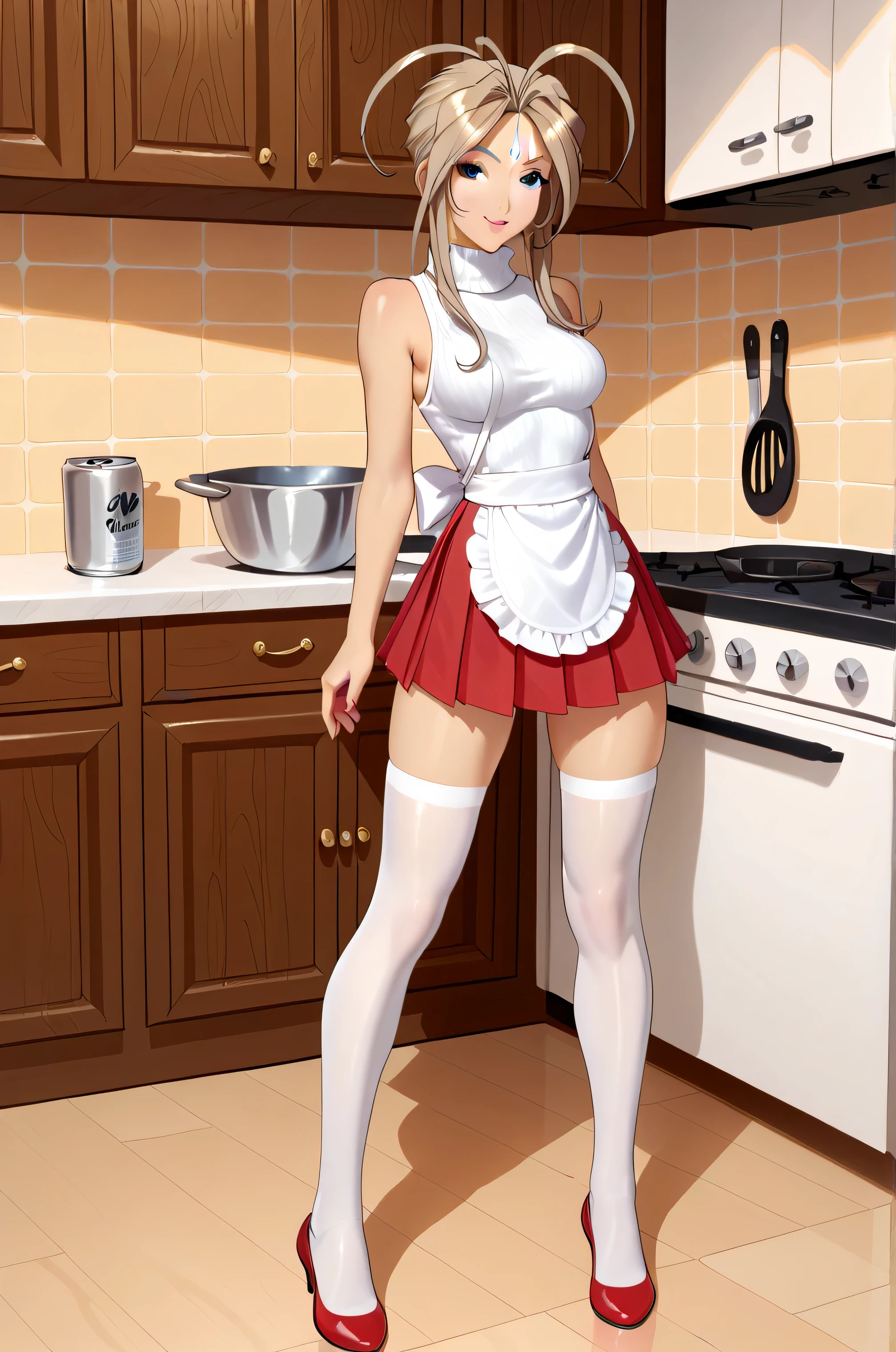 Belldandy，Light brown hair, white sweater, turtleneck sweater, sleeveless，red mini skirt, pleated skirt, wearing a white apron, cooking in the kitchen, white long stockings, beautiful legs, perfect figure, hot figure, model like figure, very short skirt, when photographed from bottom to top, white underwear can be seen, slender figure, long legs, beautiful face