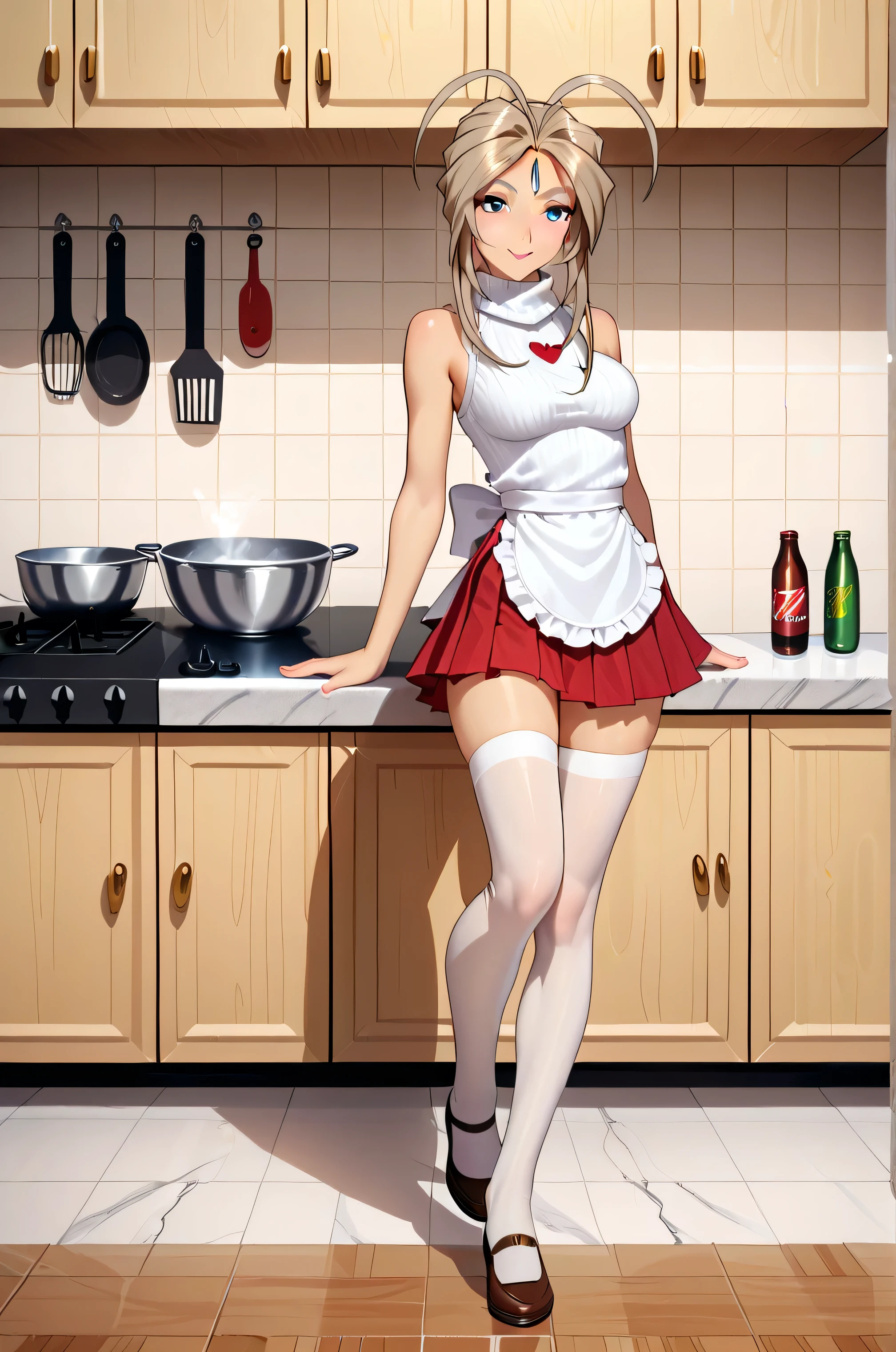 Belldandy，Light brown hair, white sweater, turtleneck sweater, sleeveless，red mini skirt, pleated skirt, wearing a white apron, cooking in the kitchen, white long stockings, beautiful legs, perfect figure, hot figure, model like figure, very short skirt, when photographed from bottom to top, white underwear can be seen, slender figure, long legs, beautiful face