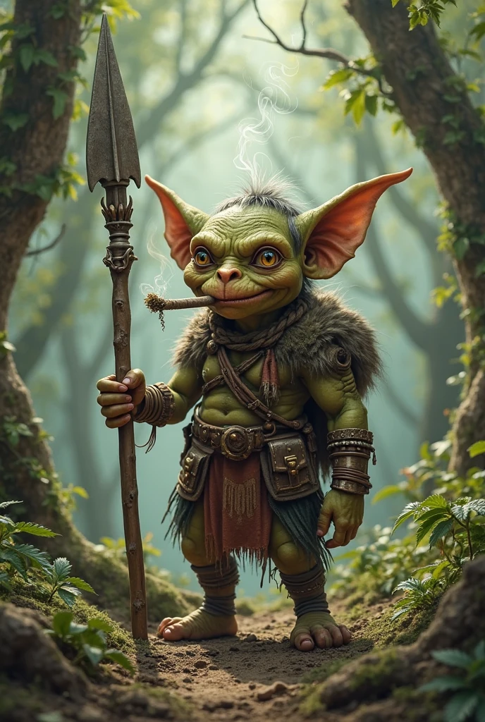 A goblin spearman who smokes a joint