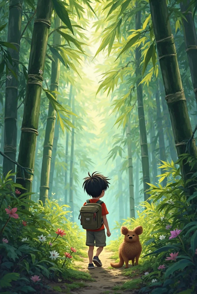 A dense and mysterious forest with tall trees and leaves blocking out most of the sunlight, creating a dark and eerie atmosphere. Lucas, a young boy, is walking through the forest, kicking stones with a frustrated expression on his face. The scene captures the contrast between the dark, mysterious forest and the boy's colorful clothes. In the background, an ancient well made of moss-covered stones can be seen, drawing Lucas's attention. The scene is styled like a Disney Pixar animation, with vibrant colors and detailed, expressive characters.