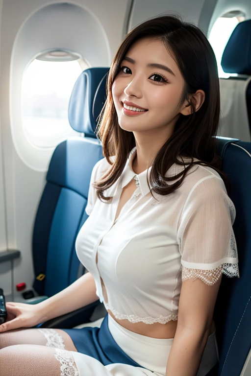 (masterpiece:1.3), (Highest quality:1.3), 8K, 超High resolution, 複雑なdetailedな, 非常にdetailedな, detailedな背景, Depth of written boundary, 超High resolution, RAW Photos, Sharp focus, perspective, (8K, Highest quality, masterpiece: 1.2), (Realistic, Realistic: 1.5),　Beautiful Japanese woman, 25 years old, (((Thin thighs))), detailed: (非常にdetailedな: 1.3), (((stewardess costume))), (High resolution: 1.1), (((Airplane Passenger Passenger Passenger))), ((From below:1.45)), ahegao, ((Perfect beauty)), ((See-through lace underwear)), ((Camel Toe)), (((Hairstyle is a chignon))), ((((Leg spread)))), smile, (((Hair is up))), 
