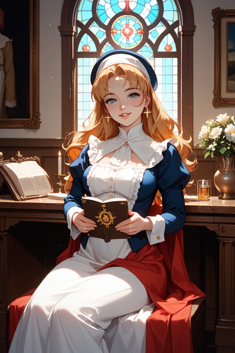 (masterpiece, best quality, ultra detailed, beautiful illustration), atmospheric perspective, depth of field, beautiful detailed eyes, anime eyes:1.4, looking at the viewer, (portrait, close-up:1.2), dynamic pose, dynamic angle, (indoors, library, desk, book piles, sitting on a chair, studying), 1girl, concentration, (huge breasts), <lora:FinalFantasy_FemaleTimeMage:0.9>, TimeMageFFT, blonde hair, long hair, sidelocks, hat, ((long dress)), capelet, boots,