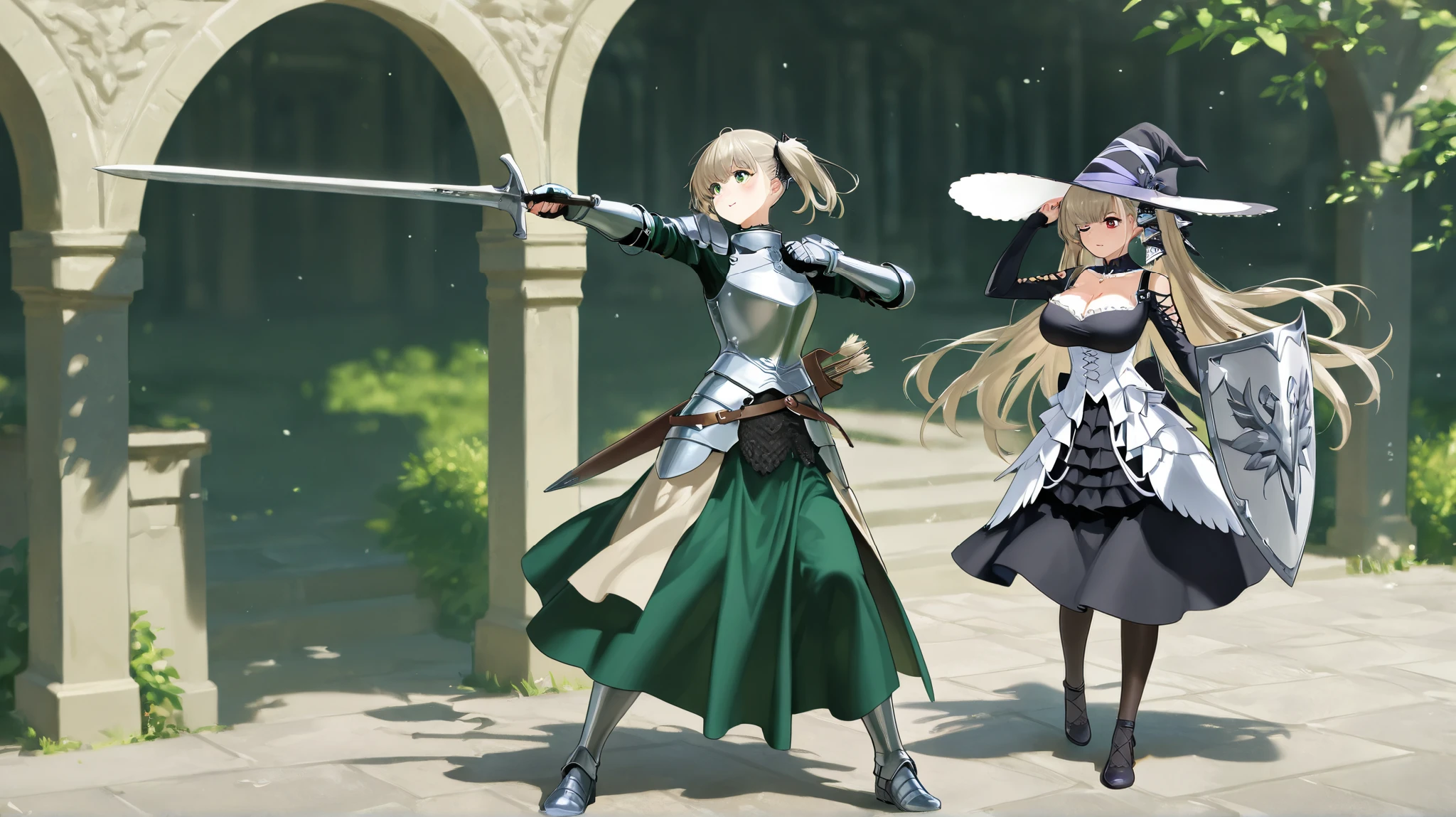 A five fantasy females in various armor styles. From left to right: an archer in green attire with a quiver; a sorceress in black with a large hat and a glowing book; a knight in shiny armor with a sword and shield; a warrior in plate armor with a sword and a shield; and a formidable female fighter in blue and silver armor wielding a large axe. The background features a lush green landscape, full body, very far point of view.