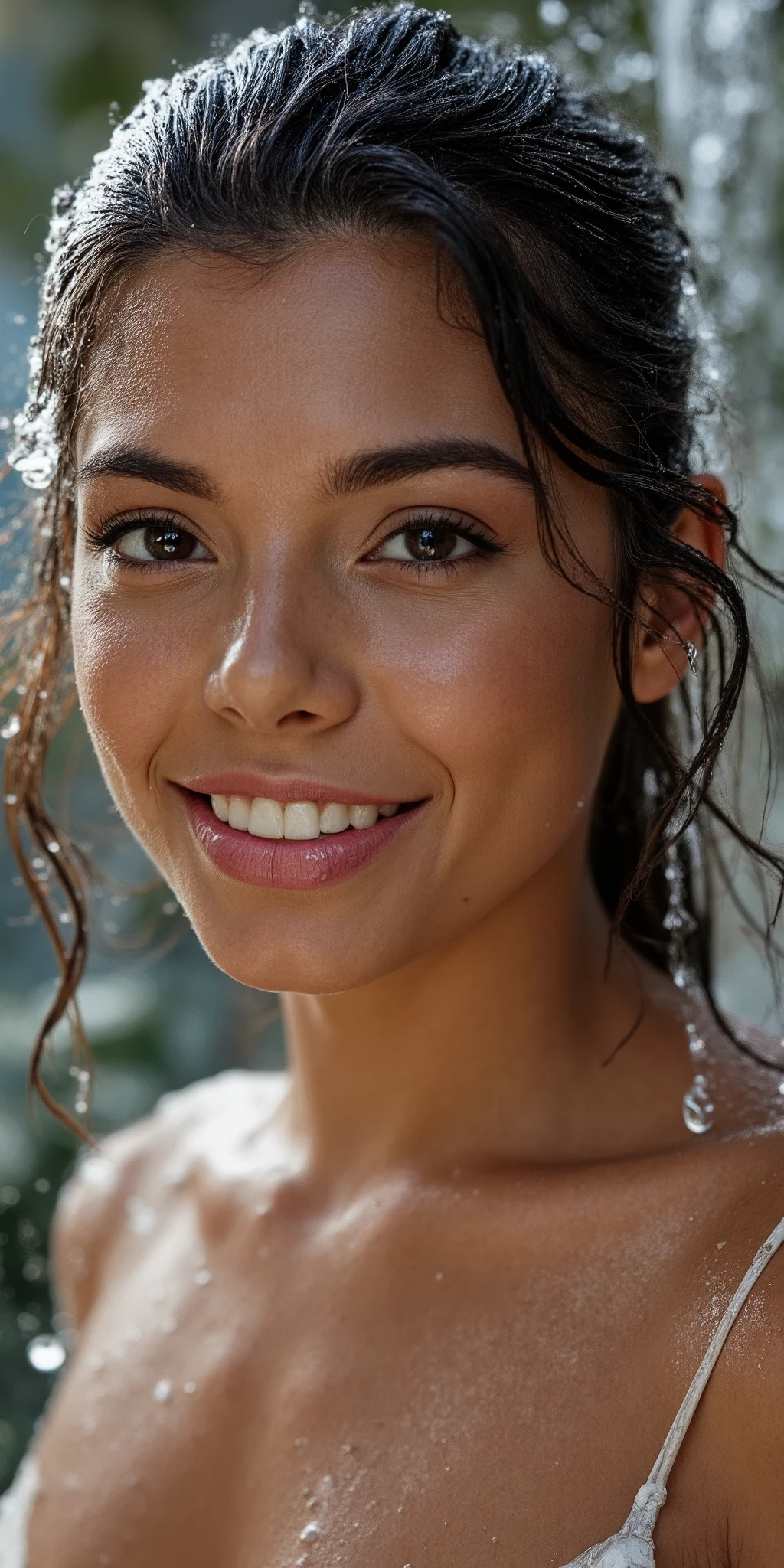 Hyper realistic eye level exterior photo Create a photorealistic, healthy Brazilian female model in her early 20s. Water cascades onto her hair and face, leaving glistening droplets and streams elegantly flowing down her skin. She wears a subtle, satisfied smile, exuding contentment and freshness. Use soft, natural lighting to capture the rejuvenating atmosphere of the scene.