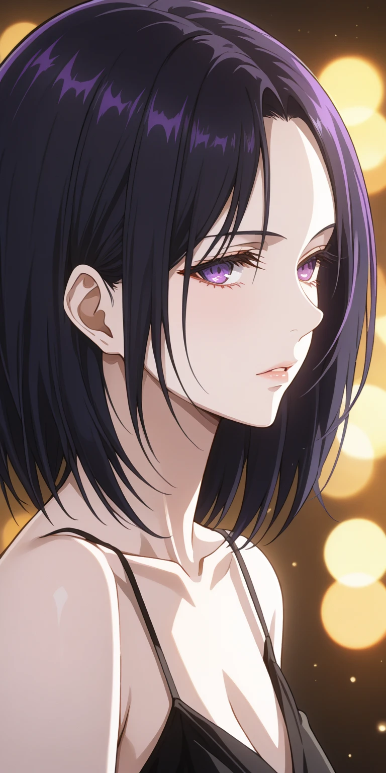 anime girl Anime style, White pale skin, porcelain skin, purple eyes, (HAIR:Black hair with purple highlightBlack hair with purple highlights, long to the collarbones, no fringe, visible forehead, ) seductive anime girl, ,best quality, 4k, 8k, highres, masterpiece:1.2), ultra-detailed, HDR, UHD, studio lighting, ultra-fine painting, physically-based rendering, extreme detail description, professional, vivid colors, bokeh