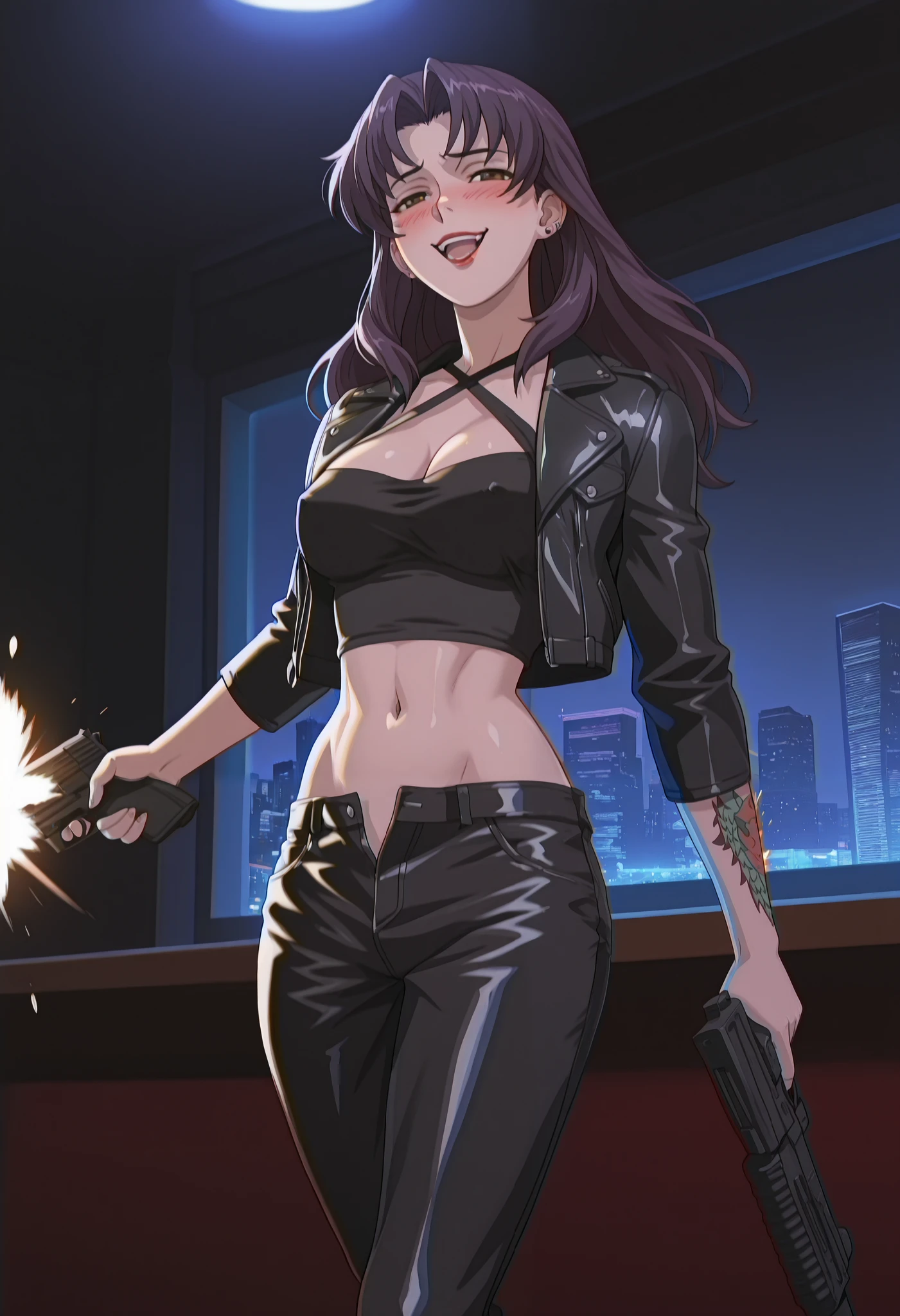 (Night:1.7), smoking a cigarette
,holding a cigarette,
jewelry,midriff,gem,circlet,earrings,necklace,
brown_hair,brown_eyes,Very_long_hair,lipstick,makeup,red_lips,
1 girl, 20yo,mature female,Beautiful Finger,Beautiful long legs,Beautiful body,Beautiful Nose,Beautiful character design, perfect eyes, perfect face,
Hot girl, baddie, staring, glaring, bad attitude, mean girl, dare, angry, hate, crazy, smoking, sensual, attractive, outdoors, rooftop, cityscape, building, railing, night, night sky, scenery, city lights,, masterpiece, best quality, highly detailed, a girls with a gun, evil smile , open mouth, sexy gaze, badass pose , evil smile, smile, (nsfw) not safe for work, guns blazing, anime girl with long hair, beautiful long haired girl, navel, evil expression, exposed belly, exposed navel, exposed midriff, exposed lower belly, long black pants, crop top, cleavage, unbuttoned leather pants ,open fly, low rise black leather pants, leather jacket, holding a gun, holding pistol,