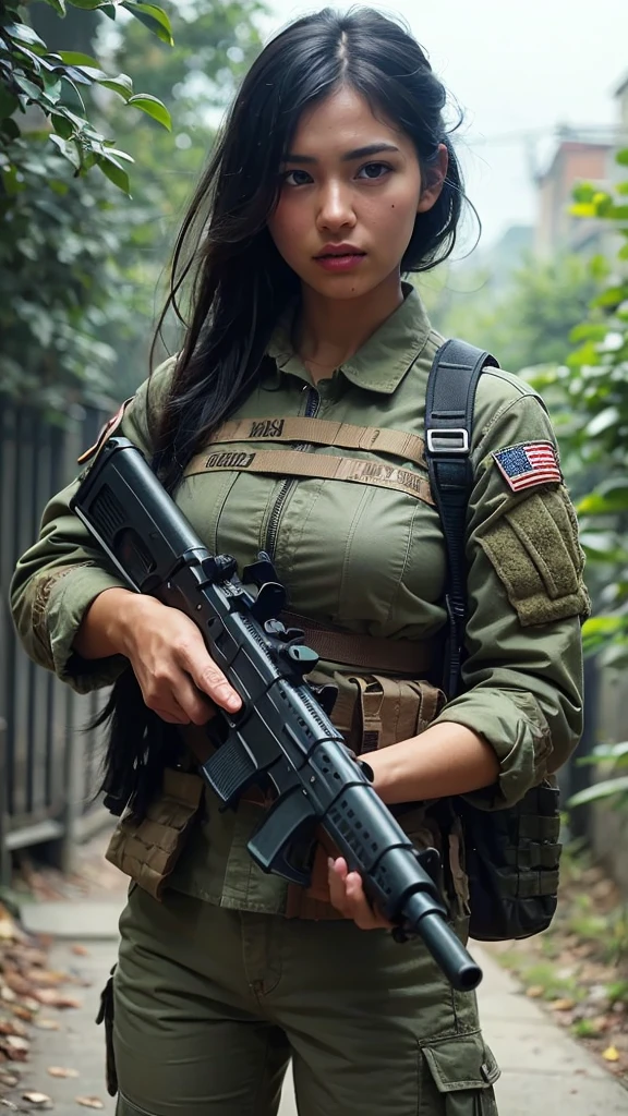 holding a rifle and radio staring at the audience,jungle、mechanized Soldier Girl, Future Battle Gear , Realistic Soldier , Cinematic — ar 16 :9, Keep PDW, wearing tactical armor, Heavily armed, ry Girl, Camouflage Gear , Airsoft Gun CQB, Realistic Military Gear , Soldier Girl, military girl , Beautiful female soldier