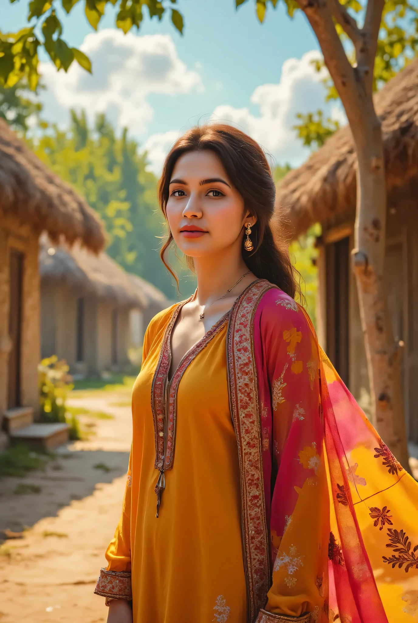 24 year girl in Indian village not modern village rural vibe wearing punjabi patiyala kurta set