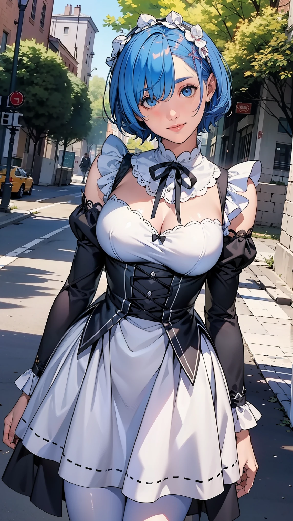 poor,  short hair, maid head dress, x hair accessories,  hair bow, Hair on one eye, big breasts, frills, neck ribbon, Chest,  dress, detachable sleeves, white apron, waist apron, white pantyhose, ( low length :1.1)
break 
(software),  under the shade of a tree, head tilt
break
little smile, happy, (), (Keep your mouth shut .)
break 
official art, masterpiece, Highest quality,  highest resolution, 8k,  most detailed, perfect anatomy
break
Wild West, Western Town, Dust, Night Sky, High definition CG Unity 16k , very beautiful 16k CG wallpaper