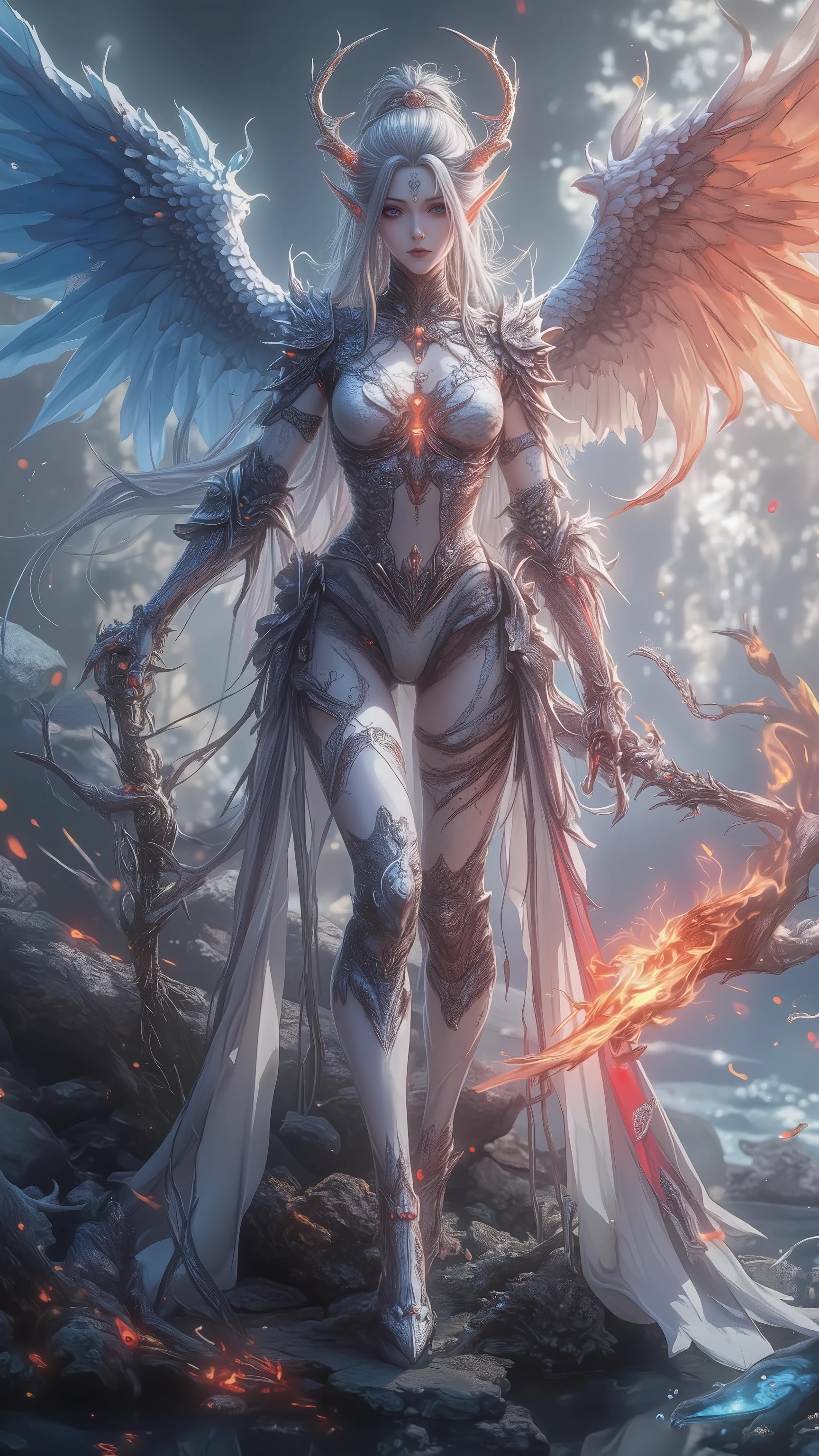 ((Highest quality)),( Ultra High Definition ),(very well detailed),( detailed description),(( best CG )),(masterpiece), Ultra Detailed Art ,Amazing Painted Art,(fantasy art with delicate details:1.5), (Female Dragon Person:1.6),(Beautiful and Well-balanced Face:1.4),((scale skin:1.7)),(Pigeon Blood Shining on Forehead:1.6),(Strong Dragon Wings:1.6),(Spiky Thorn Boots:1.4), (Images of Water and Fire:1.3),