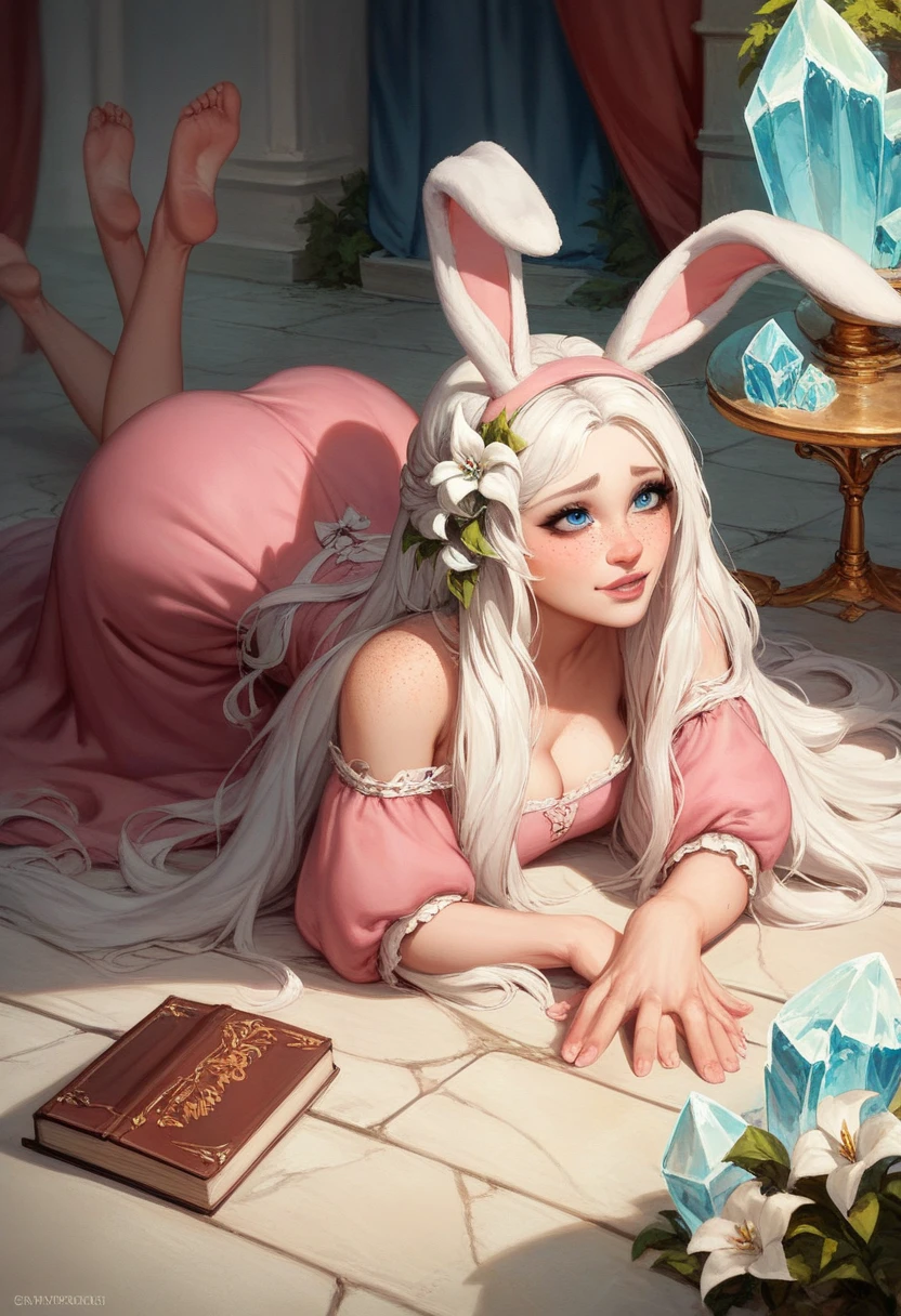 A shining woman adorned with various jewels，The rabbit is holding a large ball，Staring straight into the camera， in the center，Very bright color, Light Particles, The light shines, Musibu, Wallpaper Art, UHD wallpaper,Background pink、Divination for meditation、Mysterious, (8k, RAW Photos, Highest quality, masterpiece:1.2), masterpiece, super detailed, super high quality, (Realistic and realistic photography:1. 37), High-resolution RAW color photos, Very delicate and beautiful, highly detailed, 8k壁紙, wonderful, detailed, Very eye, very detailed, very detailed skin, very thin fingers, very detailed nose, very detailed mouth, Perfect Anatomy