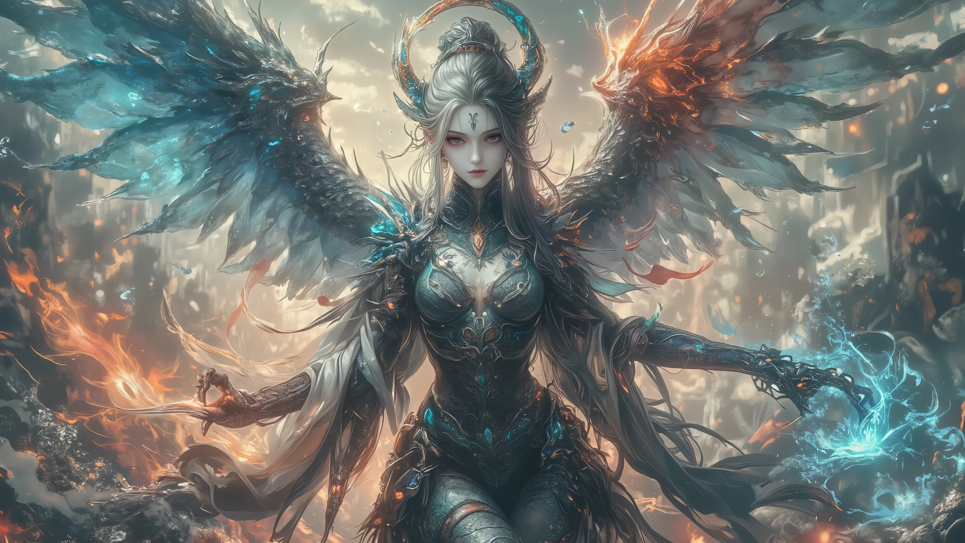 (((fullbody))) Behold the crimson- blue safiro wings woman angel woman with white hair, full body, piercing crimson eyes, and pale skin standing amidst the twilight. Every detail of this mythical creature has been captured in extreme quality, from the tattooed bodies to the ultra-detailed face, all rendered in ultra HD 8k digital art with unmatched precision and digitality. The dark lightning that surrounds this magnificent being adds to the sense of awe and wonder. This is not just any digital art portrait, but a concept art masterpiece by Greg Rutkowski, also known as artgerm, renowned for his hyperdetailed and intricately detailed gothic art style. The use of triadic colours adds to the fantastical and otherworldly nature of the piece, with intricate details that make it a true splash screen. The complementary colours and intricate details make this fantasy concept art a gothic