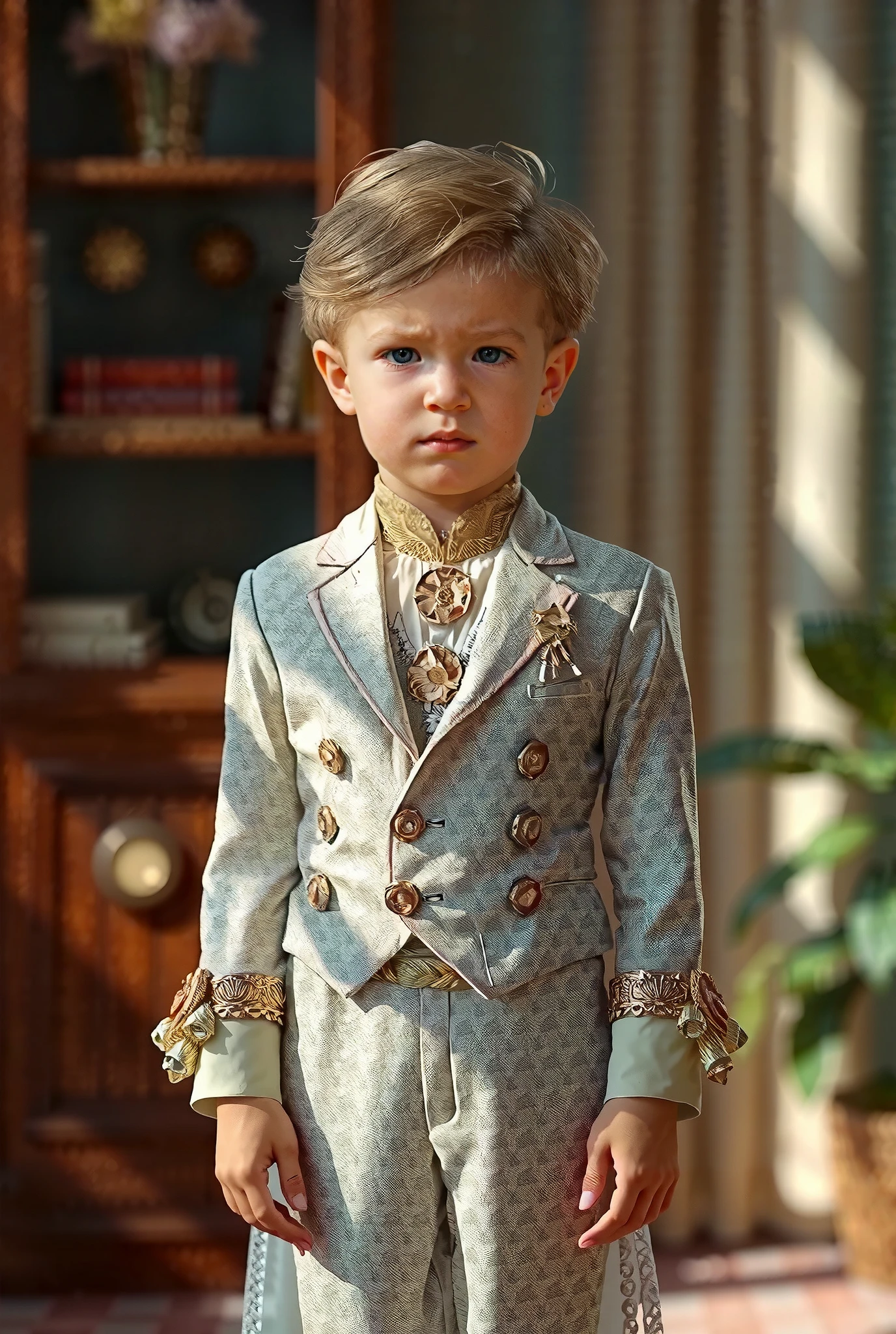 "The boy in the reference photo in rich crystal clothes" "8k photorealism" "soft home colors and contrasting colors"