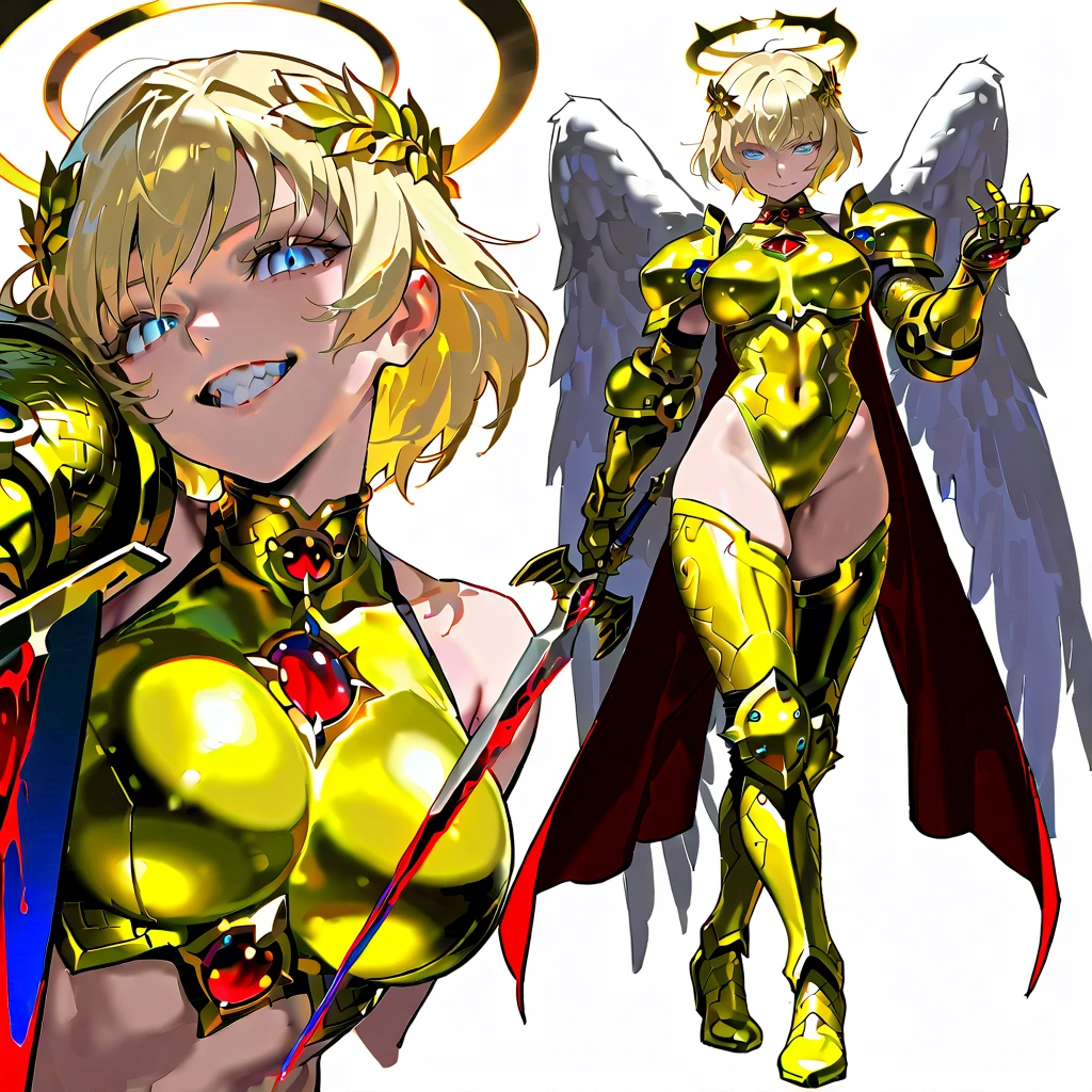 Highest quality, masterpiece, 8k, Ultra-high resolution, (Realistic: 1.4), Further details, RAW Photos, Cinema Lighting, Maria Sharapova, smile, Women with medium sized breasts, Platinum Blonde Hair, Well-proportioned facial features, Regular eye shape, Beautiful body, Beautiful pose, Gold futuristic costume, The big wings of the archangel, Bunny Girl Ears, gold garter belt