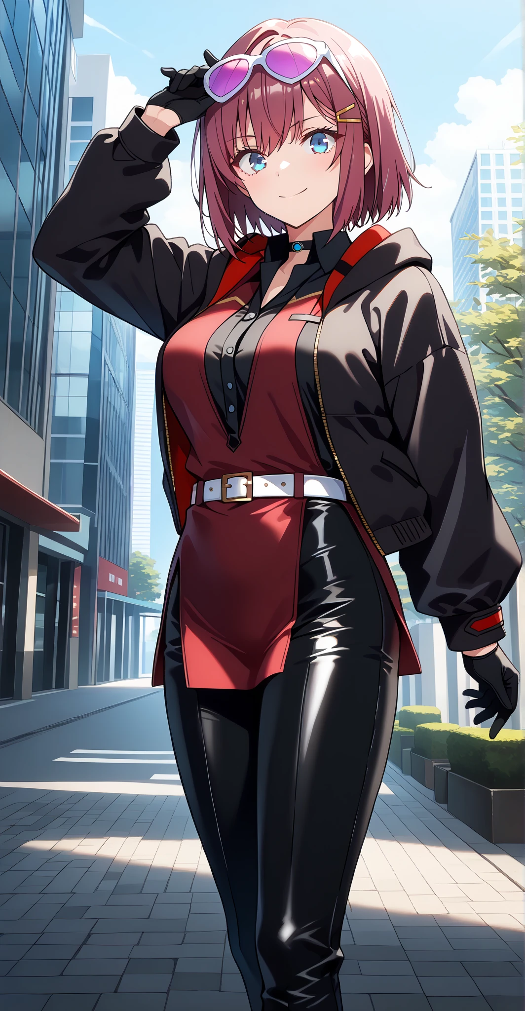 A closeup of a woman, concept art, character content art,1girl, highres, sharp focus, pixiv masterpiece, ((intricate details)), highly detailed,exquisite fanart highly detailed, commission for high resolution, one eye, detailed eyes,blue eyes, pale skin, fair skin, short black hair, cyberpunk hair, muscular female body!, pointed ear, vampire, costume: military, red coat, Neckline on breasts, Revealing neckline, Joy Ride style, Ilya Kuvshinov,Anime Moe Artstyle, Female anime character, Anime character,