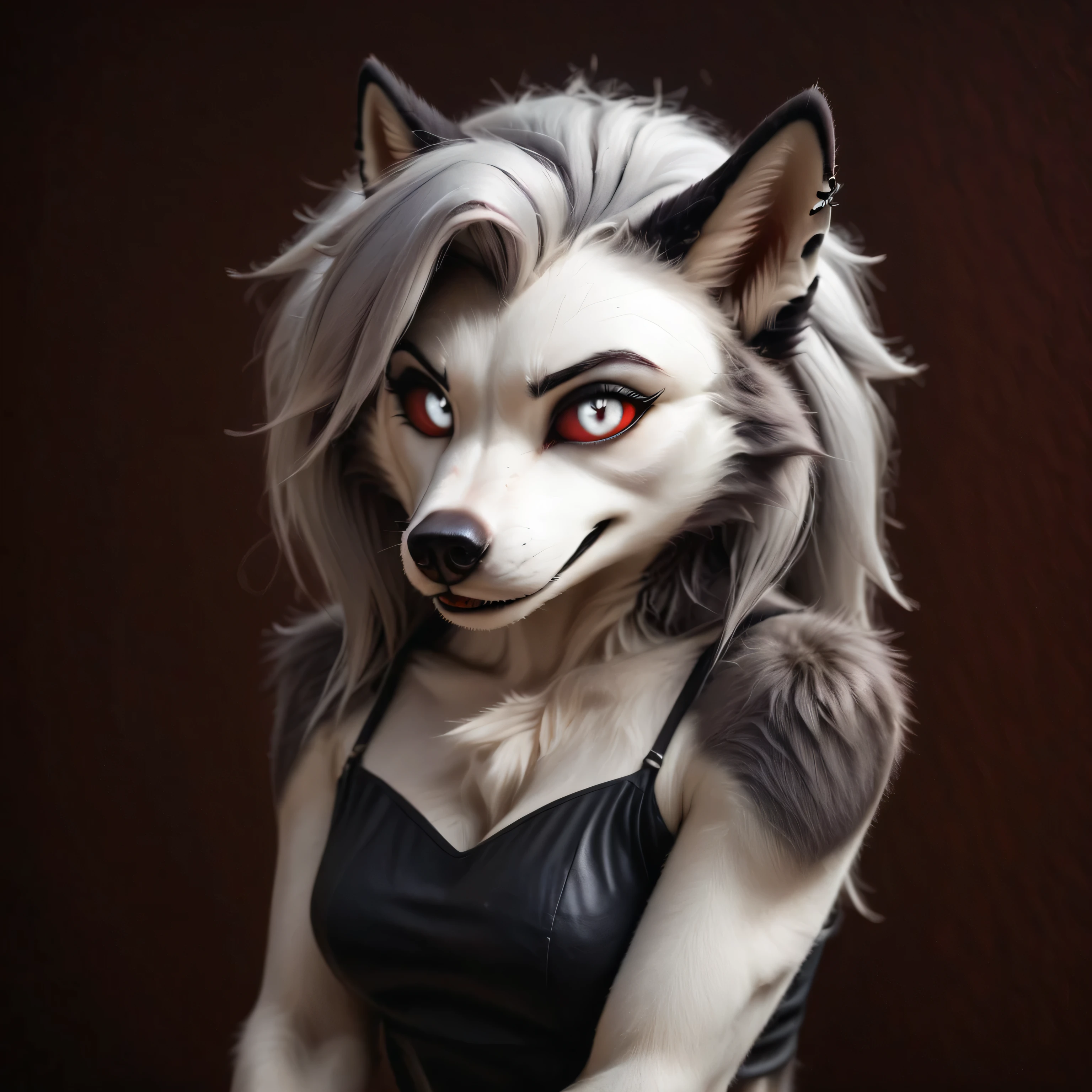 Furry art, breathtaking furry art, realistic furry, anthro white wolf, female wolf, black makeup, white eyes with red sclera, silver hairs, black ears, sensual, loona, claws,(pixelsketcher pikaflufftulf hioshiru artstyle),full body, slender, 75mm canon shot, ultra realistic, slim anthro,(white pupils), small wolf's chin, cute female anthro, looking at viewer, looking intrigued, detailed eyes, medium breasts covered, wearing elegant spacedress, (bionic skin implants:1.1), half-body, detailed fur, realistic feathers, colorful fur, seductive smile, realistic photo, detailed background, theme science fiction fantasy, deus_ex, (mass effect:0.8).