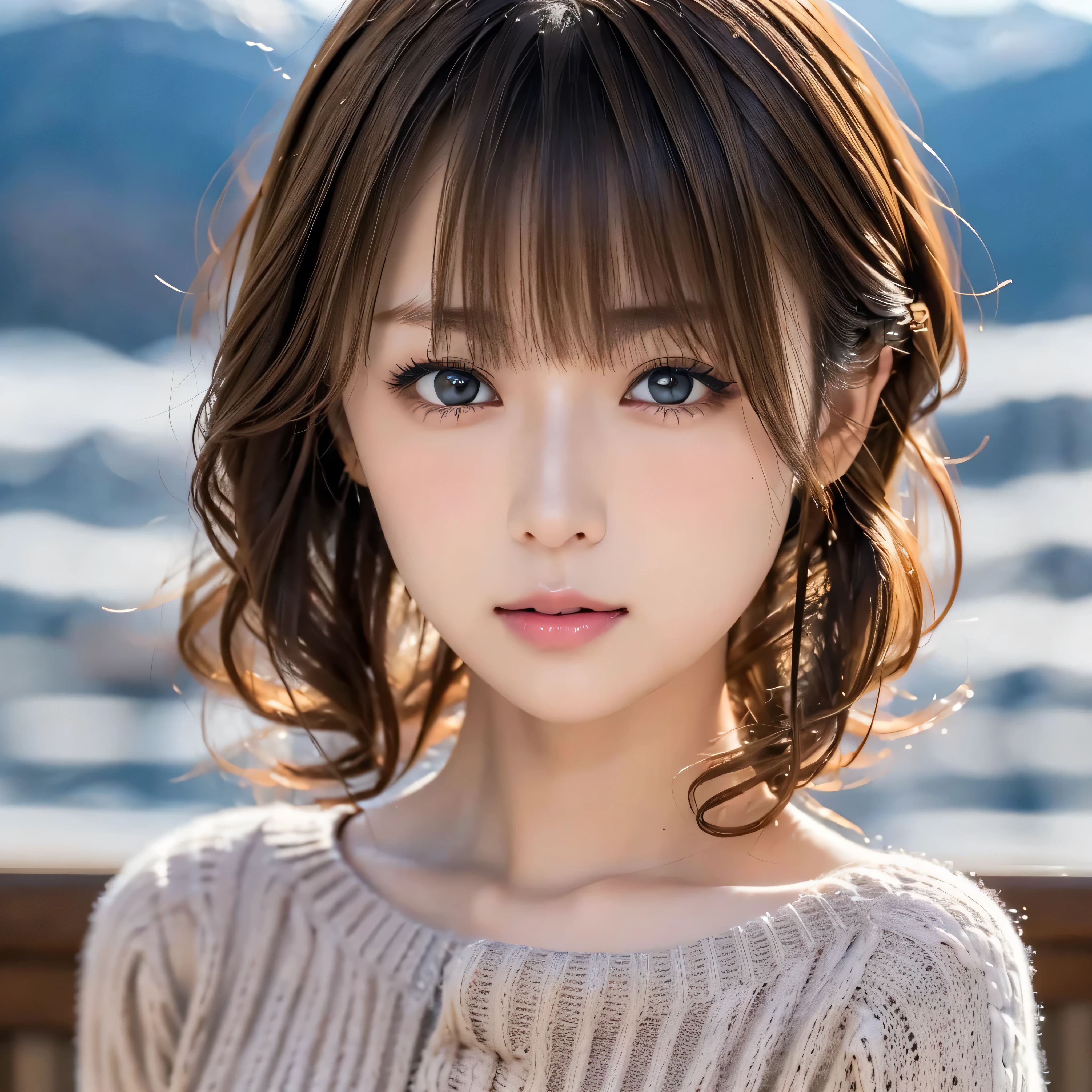 (table top:1.4, Photorealistic:1.4, 8k), Highest quality,  masterpiece, Ultra High Definition, perfect dynamic composition, (( light brown hair:1.4、short hair right side ponytail))、high-definition skin and facial textures:1.3, limb details below,  ((  totally captivates you  :0.9)), (Chest, big breasts), (beautiful eyes,  brown eyes , look towards the photo:0.85), sexy face:0.4, (closed her mouth、((beautiful piece of eroticism {x} beautiful small sexy
lips)),eyes that make you feel beautiful eroticism:0.85), (( Too Cute Beauty :0.9)),((1:4)),((look above the waist)),((Snow mountain background)),((Black in a sweater))1 girl, solo, 