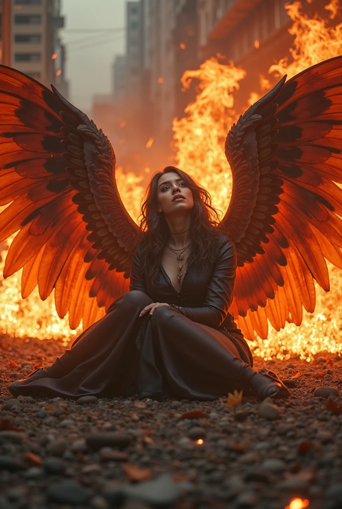 mejor calidad, obra maestra, ultra-high-resolution, (realistic photograph:1.4), surrealismo, Similar to a dream,FusionArt, Female evil fallen angel with huge wings of fire lying on the ground, in an apocalyptic city in flames, staring at the camera, Magia de sombras, Control de la oscuridad, secreto, Paso de sombra, Hechizos fronterizos, Cuchilla oculta,