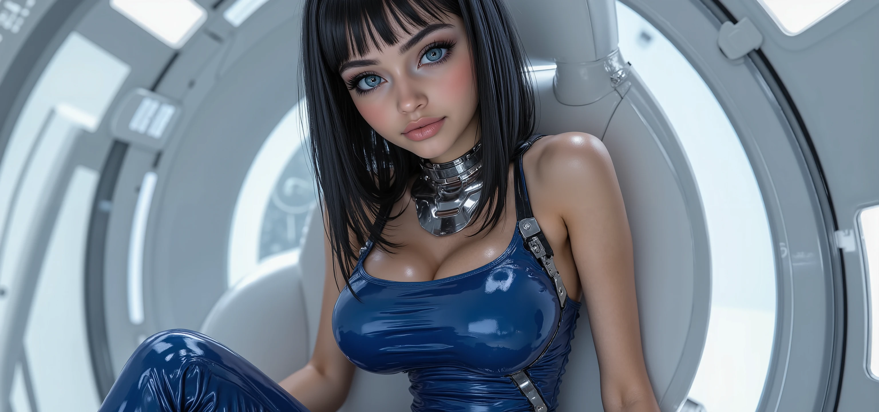 very sharp picture, several beautiful girls,looking at viewer, (( beautiful brazilian model aligned:1.8)),full body view ,(photorealism: 1.4),( hot girl dark brown skin),(complex and realistic skin texture:1.4),dynamic rear view,19years old,insane extremely long blond black hairs fringe, sci-fi,very skinny,very small ass,tight Tight glossy blue white latex combinaison, large cleavage, in a white spaceship ,insane tiny waist and hips,metal large choker, high rise belt, round breast,angelic cute face, white teeth, perfect beauty, perfect eyes render, long eyelashes,large pink lips, (very strong lighting:1.8), hyper realistic and detailed face , blue eyes,(((sharp focus on all bodies:1.8))), 