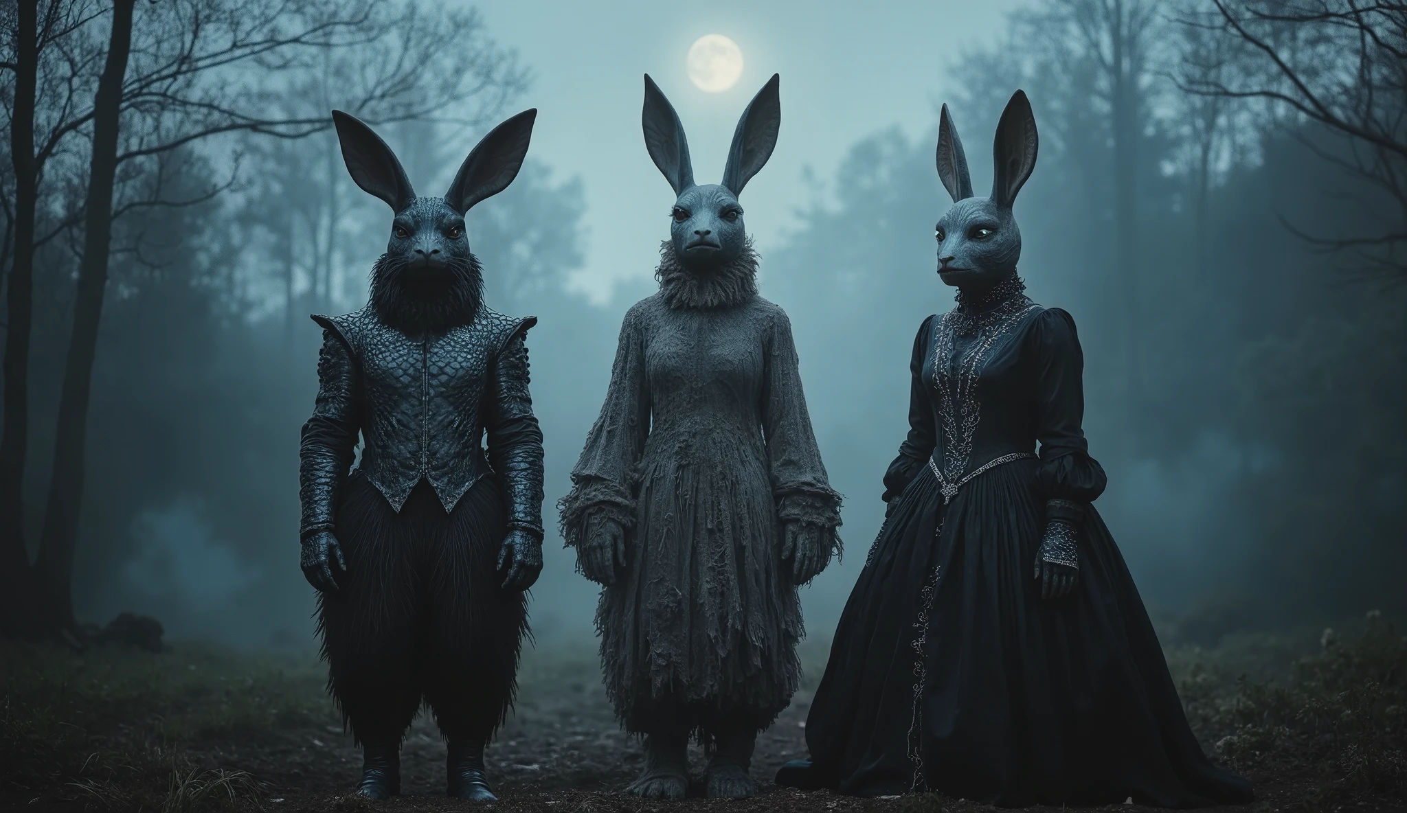 Three guardian monsters with rabbit ears are lined up in a clearing of thick fog, each with a unique appearance. The first one has black scales that shine like metal under the moon, and their rabbit ears are long and pointed. The second is covered in floating ash, wearing a broken black dress, and their rabbit ears stand out, adding a surreal touch to their figure. The third has an excessively large head, with rabbit ears that rise dramatically, and their black dress is decorated with silver embroidery that shines weakly. They are the border between dreams and darkness. A clearing in a dark forest,  surrounded by fog . The three monsters are standing, with the moonlight illuminating them. Each one has a unique appearance: the first with metallic scales, the second with floating ash, and the third with a large head and rabbit ears.  The atmosphere is disturbing , but powerful, as if they were protecting something very valuable.
