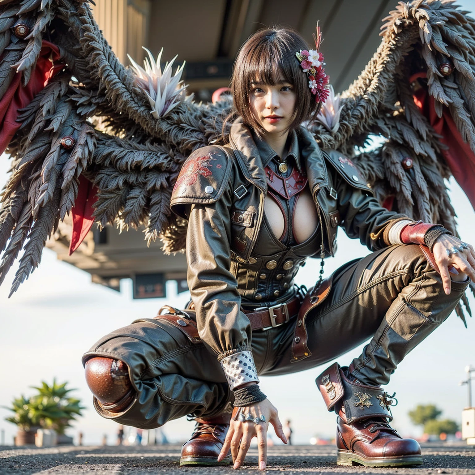 octane render,hyperrealistic, (photorealistic face:1.2), (realism:1.5), 1 girl, konan \(naruto\), ((medium breasts)), paper wings, paper jutsu, labret piercing, outdoors, high detail background, blue hair, cleavage,bra,(akatsuki outfit), thighs, toned , ultra detailed, ((masterpiece)), masterwork, fine detail, (warm lighting, cinematic lighting), best quality, extremely detailed, intricate, hyper detailed, (perfect face), illustration,soft lighting, sharp focus,(8k), (4k),