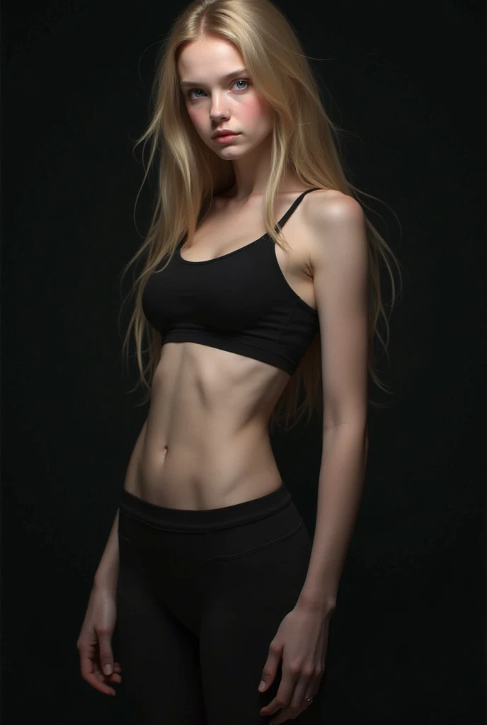 woman, in gym, ((black panties)), black sportsbra, standing, posing, empty hands, (facing camera), ((blonde long hair)), perfect body, ((beautiful face)), ((realistic face)), detailed face, realistic lighting, focus on girl, ultra detailed, detailed background