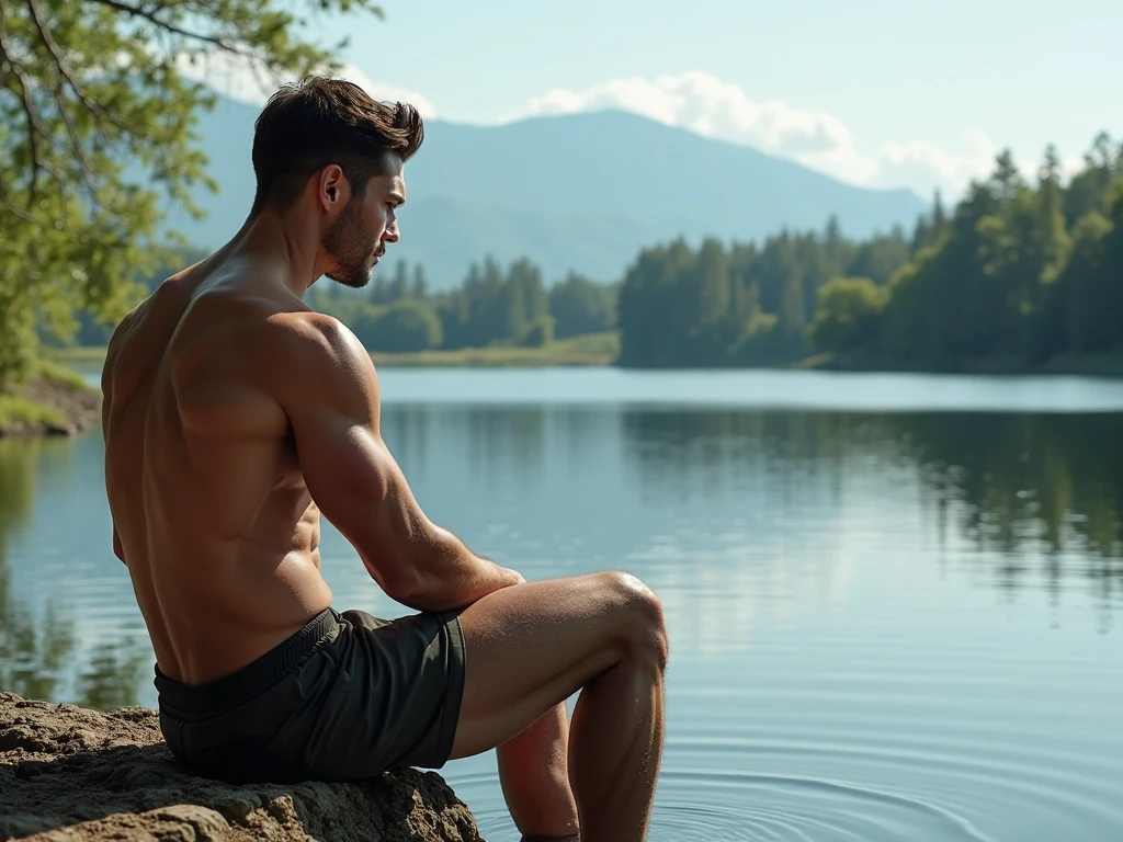 A light skinned muscular mulatto man with goatee sitting on a rock with boxers on the river 